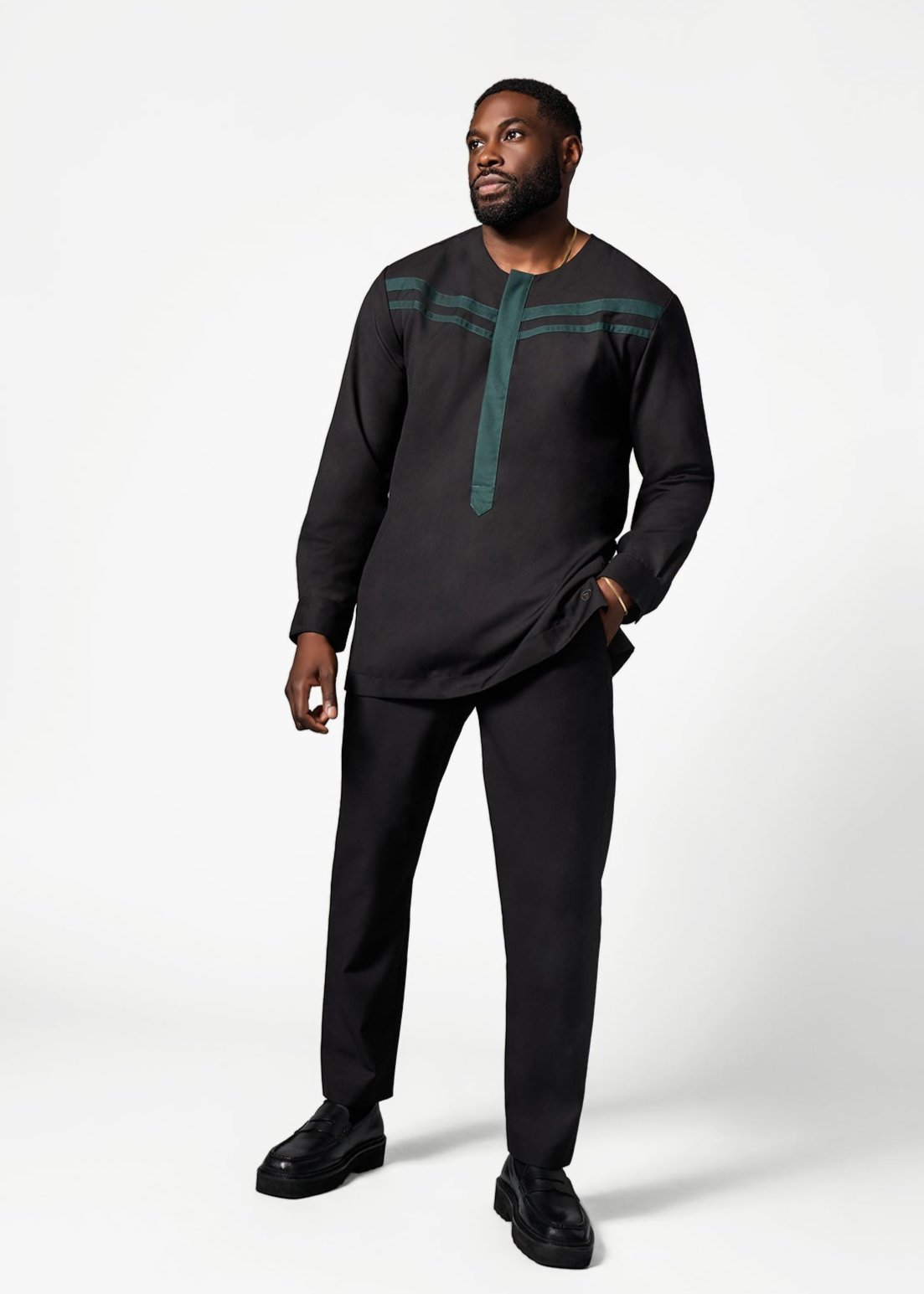 Zain Men's African Traditional Shirt (Black/Green) - Clearance - D'IYANU