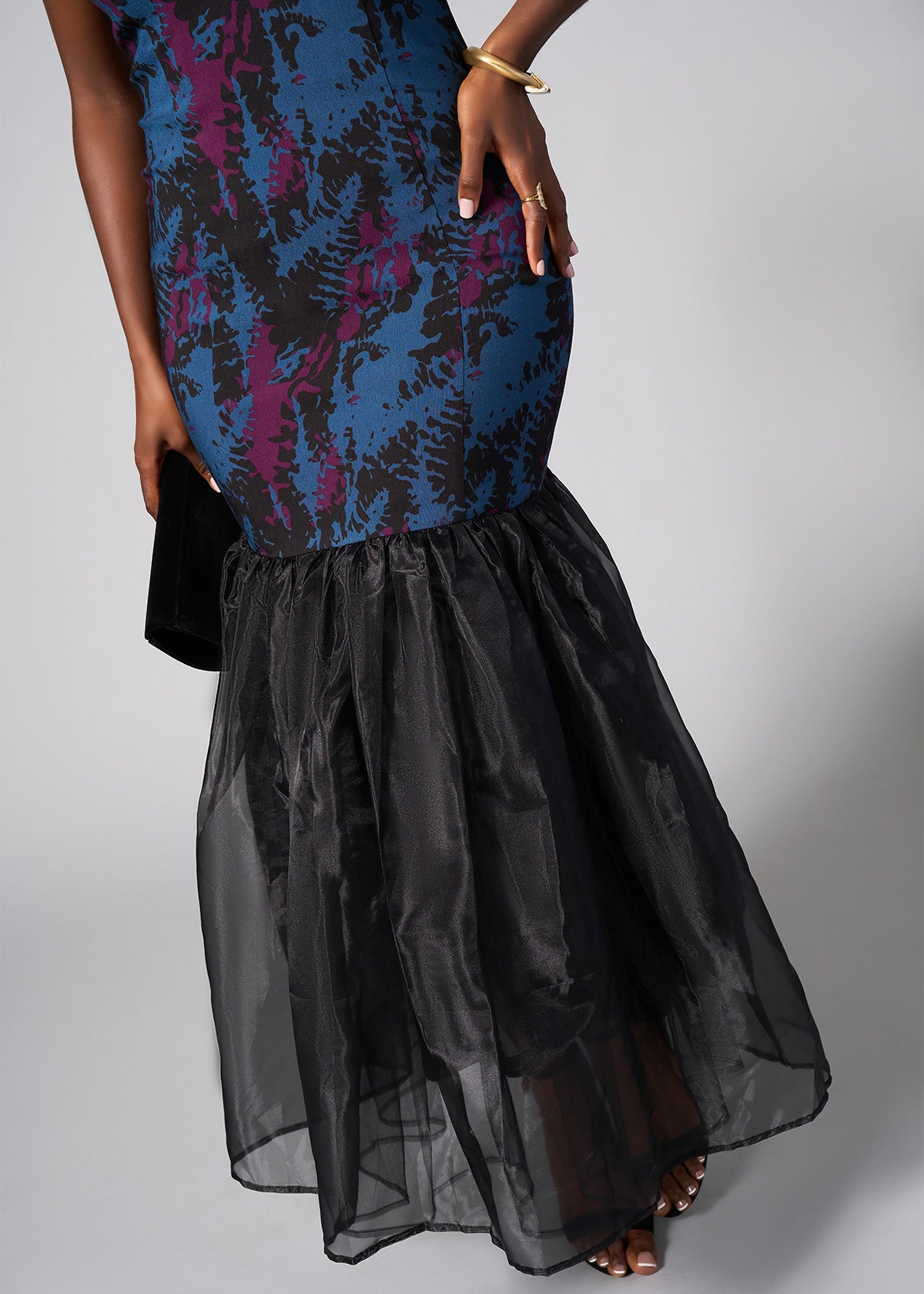 Hassia Women's African Print Stretch Dress with Tulle (Midnight Teal Abstract) - Clearance - D'IYANU