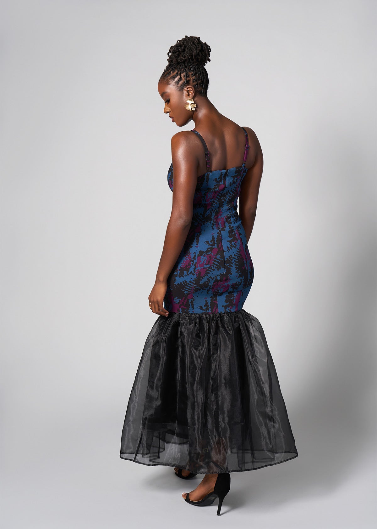 Hassia Women's African Print Stretch Dress with Tulle (Midnight Teal Abstract) - Clearance - D'IYANU