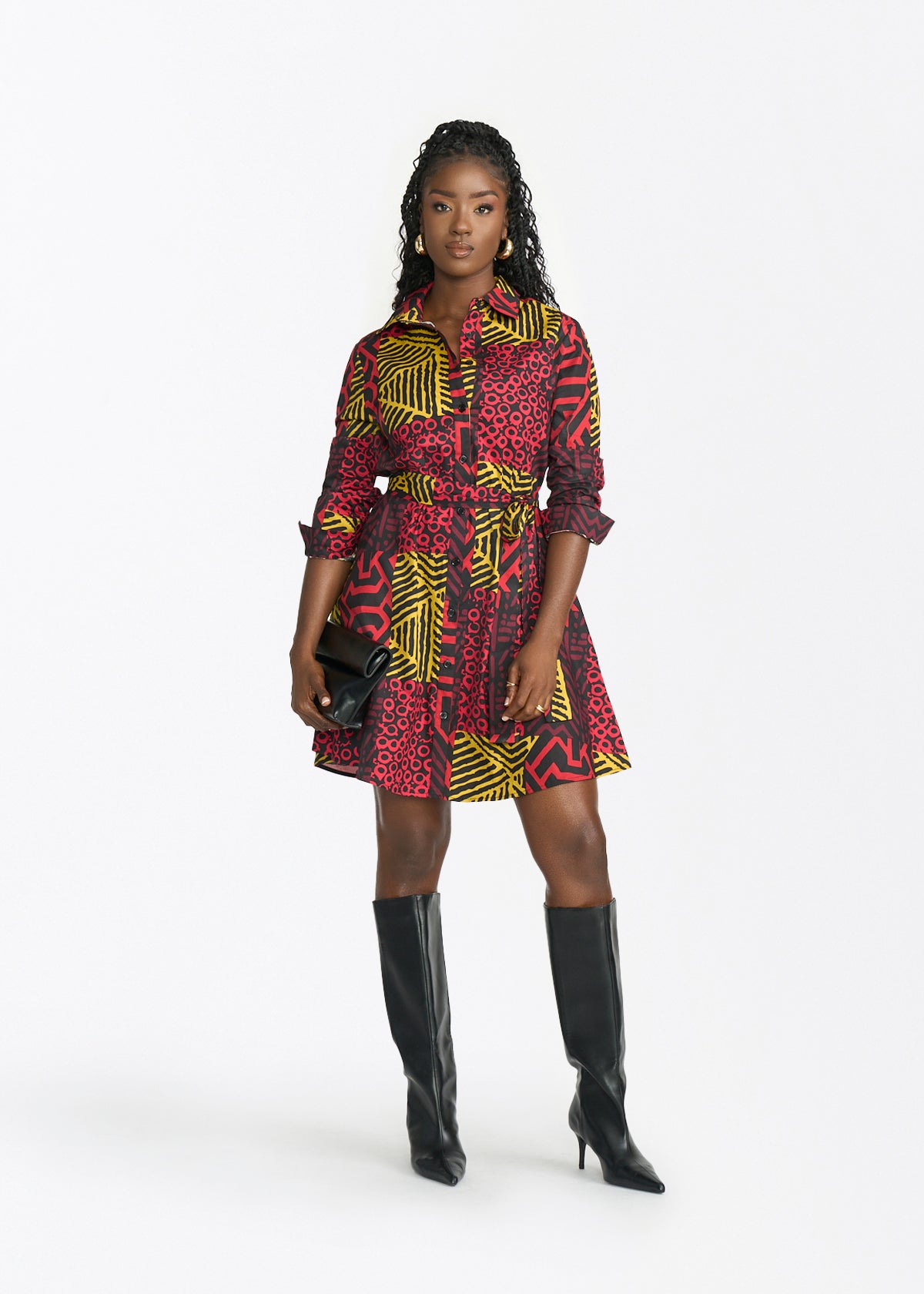 Kianga Women's African Print Shirt Dress (Black Cherry Multipattern)