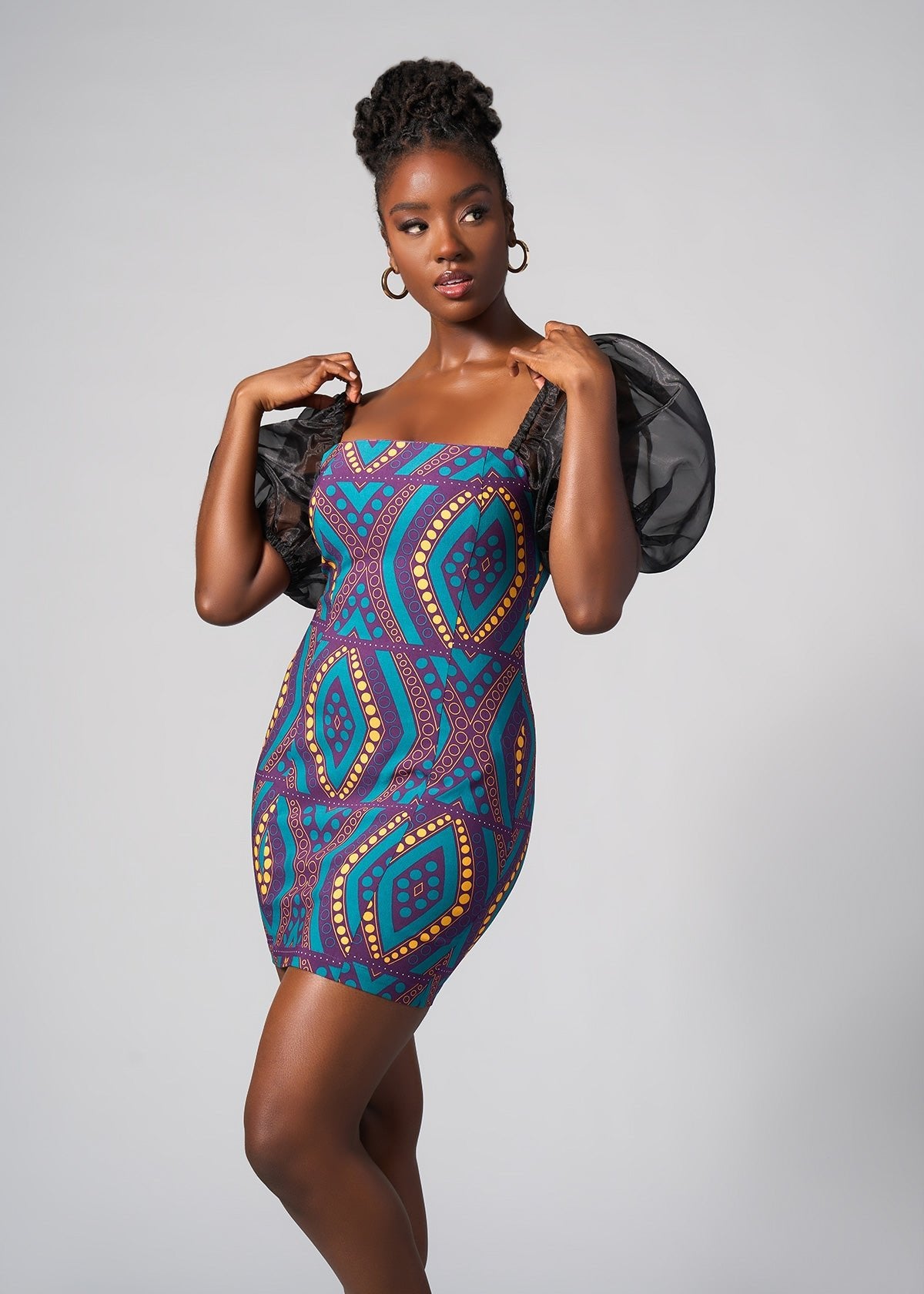 Nayana African Print Stretch Organza Sleeves Dress (Emerald Retro Diamonds) - Clearance - D'IYANU