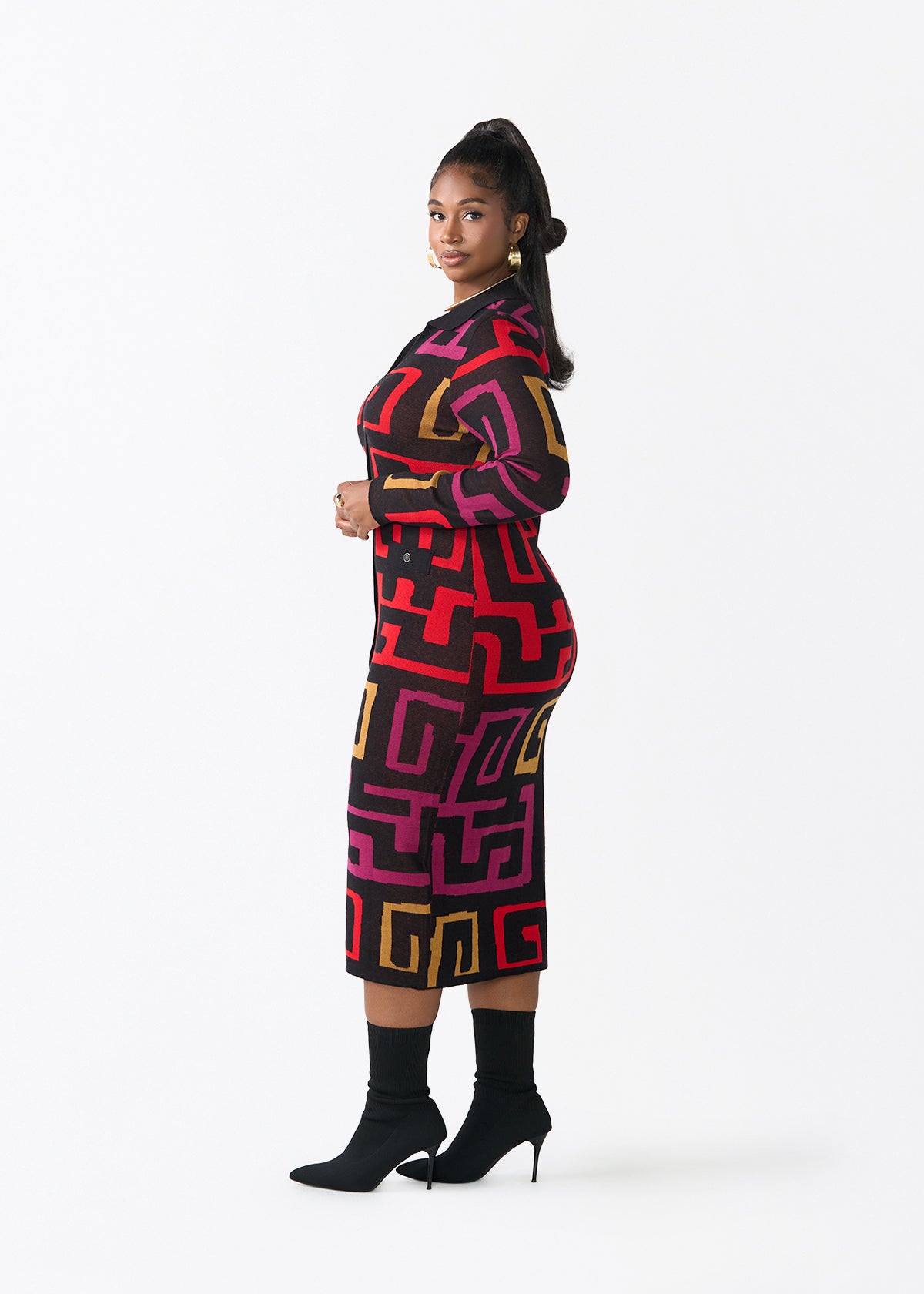 Anele Women's African Print Button-Up Sweater Dress (Black Berry Kuba) - D'IYANU