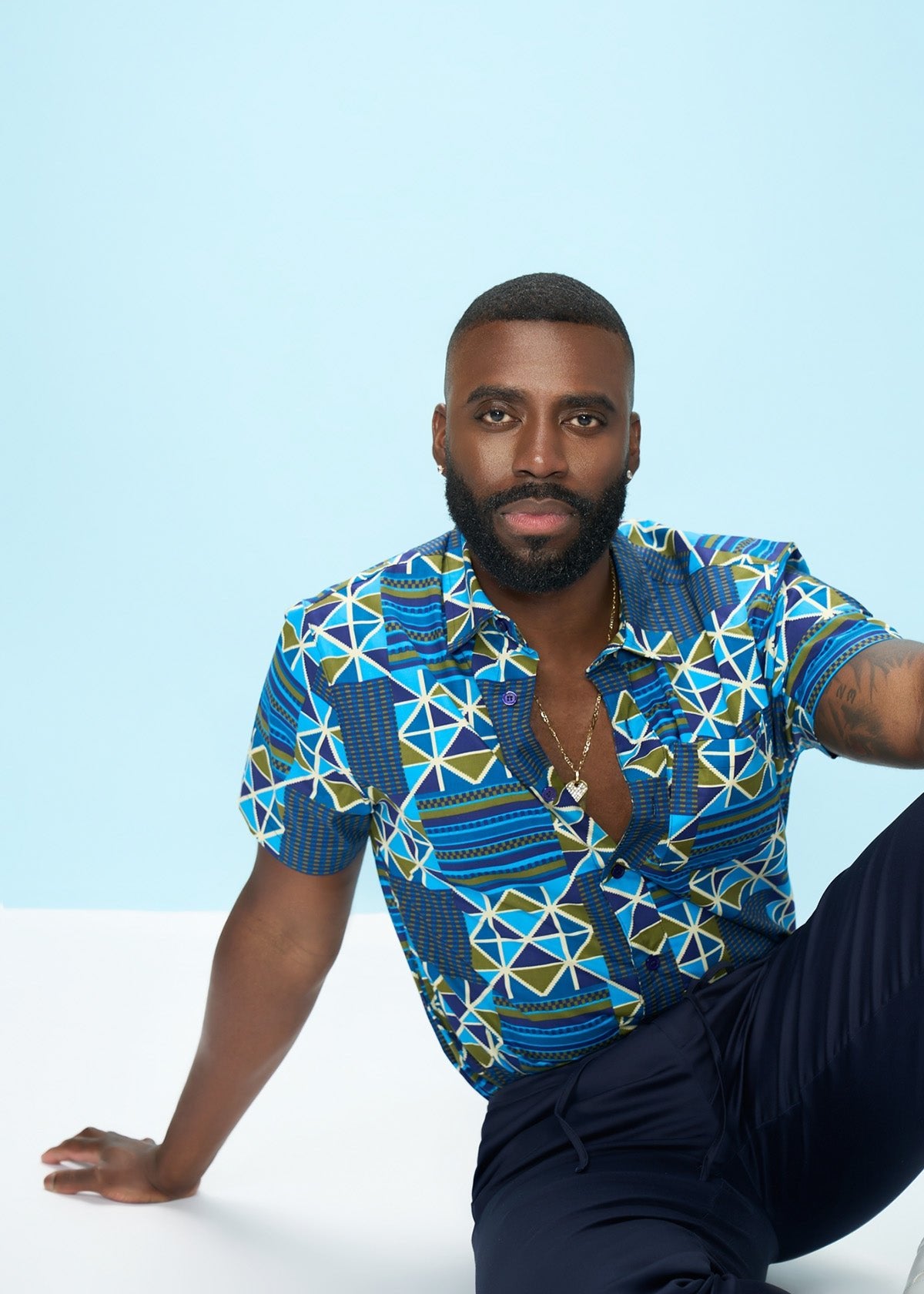 Keyon Men's African Print Button-up Shirt (Navy Olive Kente) - D'IYANU