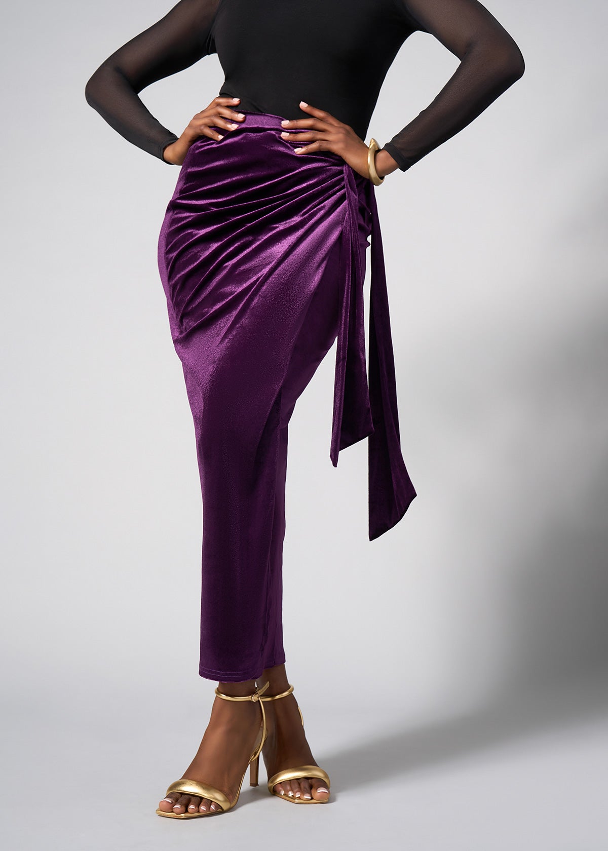 Tesafaye Women's Stretch Velvet Faux Wrap Skirt (Plum) - Clearance - D'IYANU