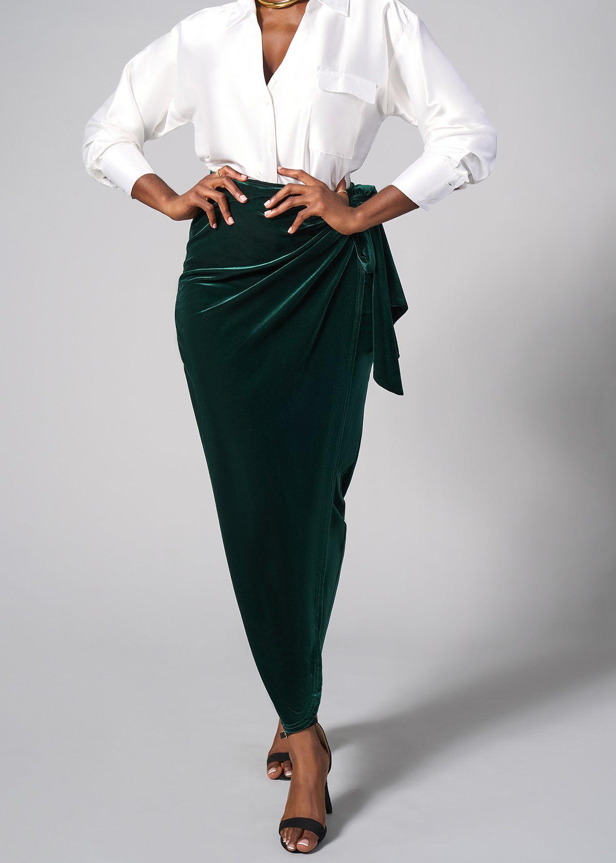 Tesafaye Women's Stretch Velvet Faux Wrap Skirt (Emerald) - D'IYANU