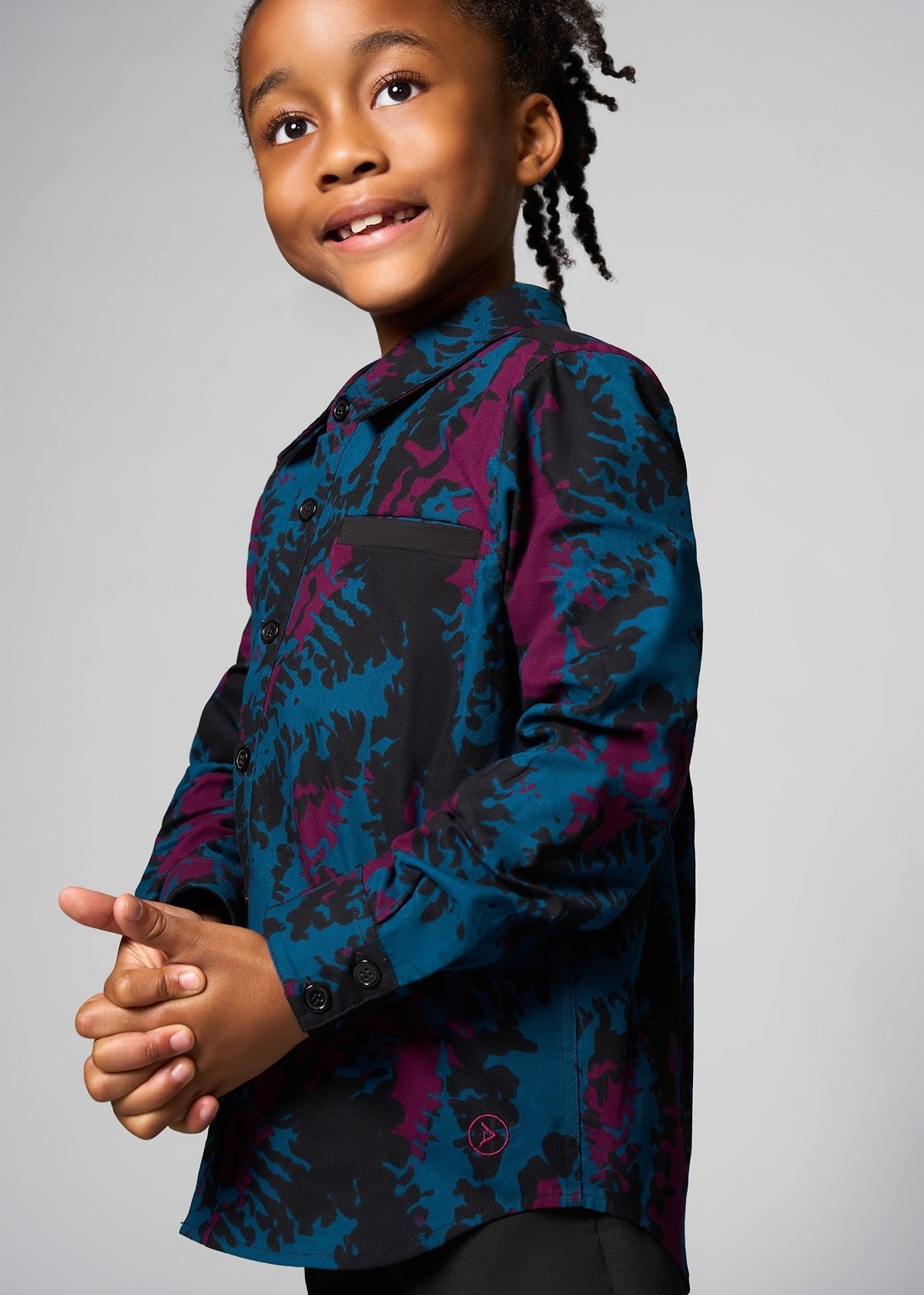 Kioko Boy's African Print Button-Up (Midnight Teal Abstract) - Clearance - D'IYANU