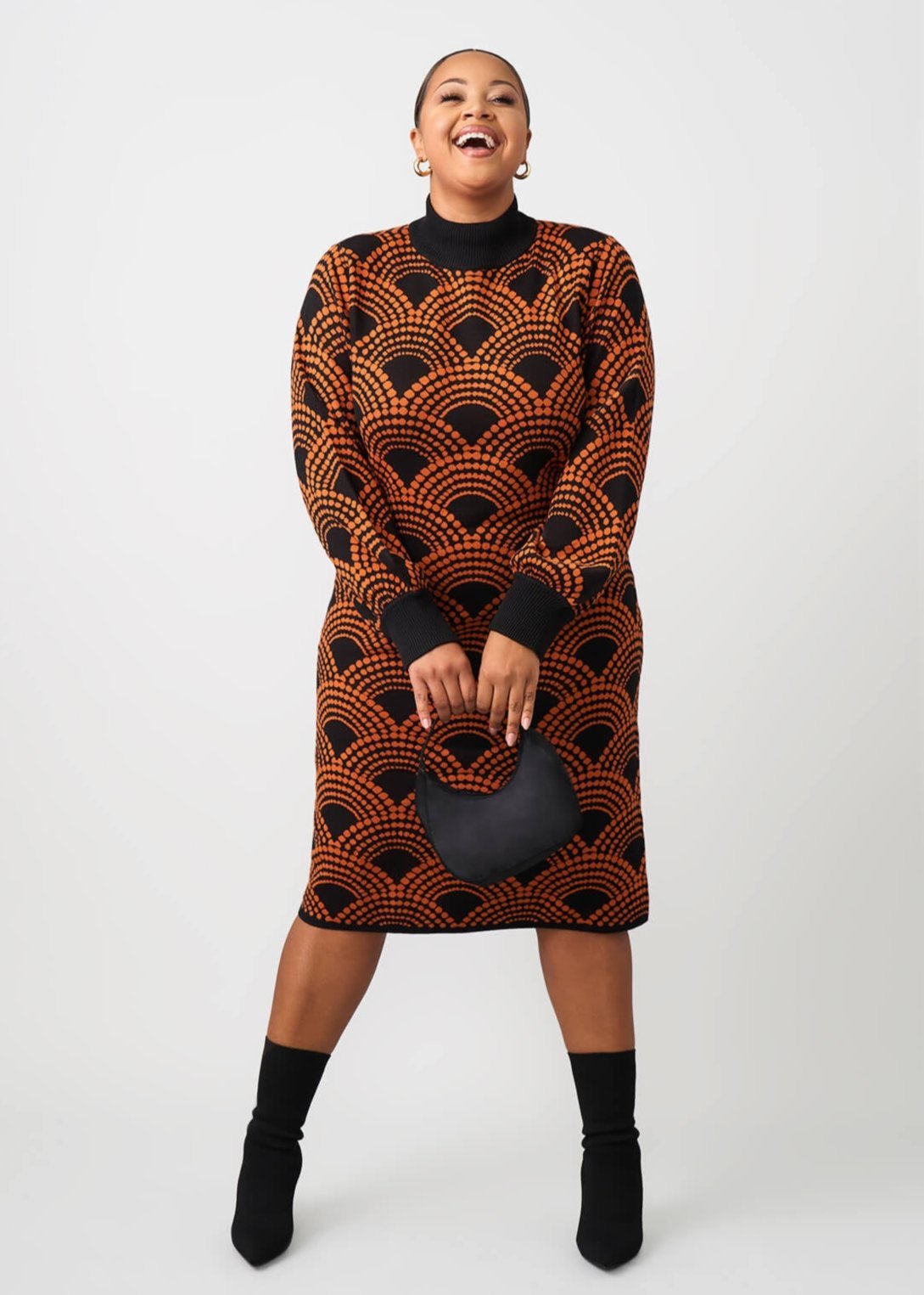 Zania Women's African Print Sweater Dress (Black Amber Dots) - D'IYANU