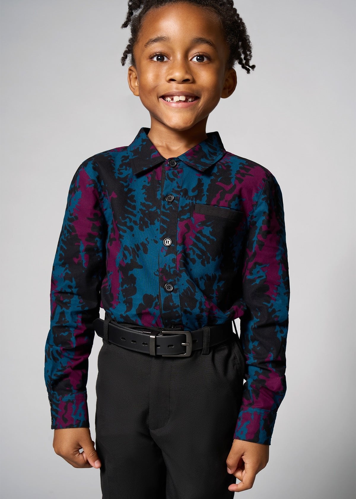 Kioko Boy's African Print Button-Up (Midnight Teal Abstract) - Clearance - D'IYANU