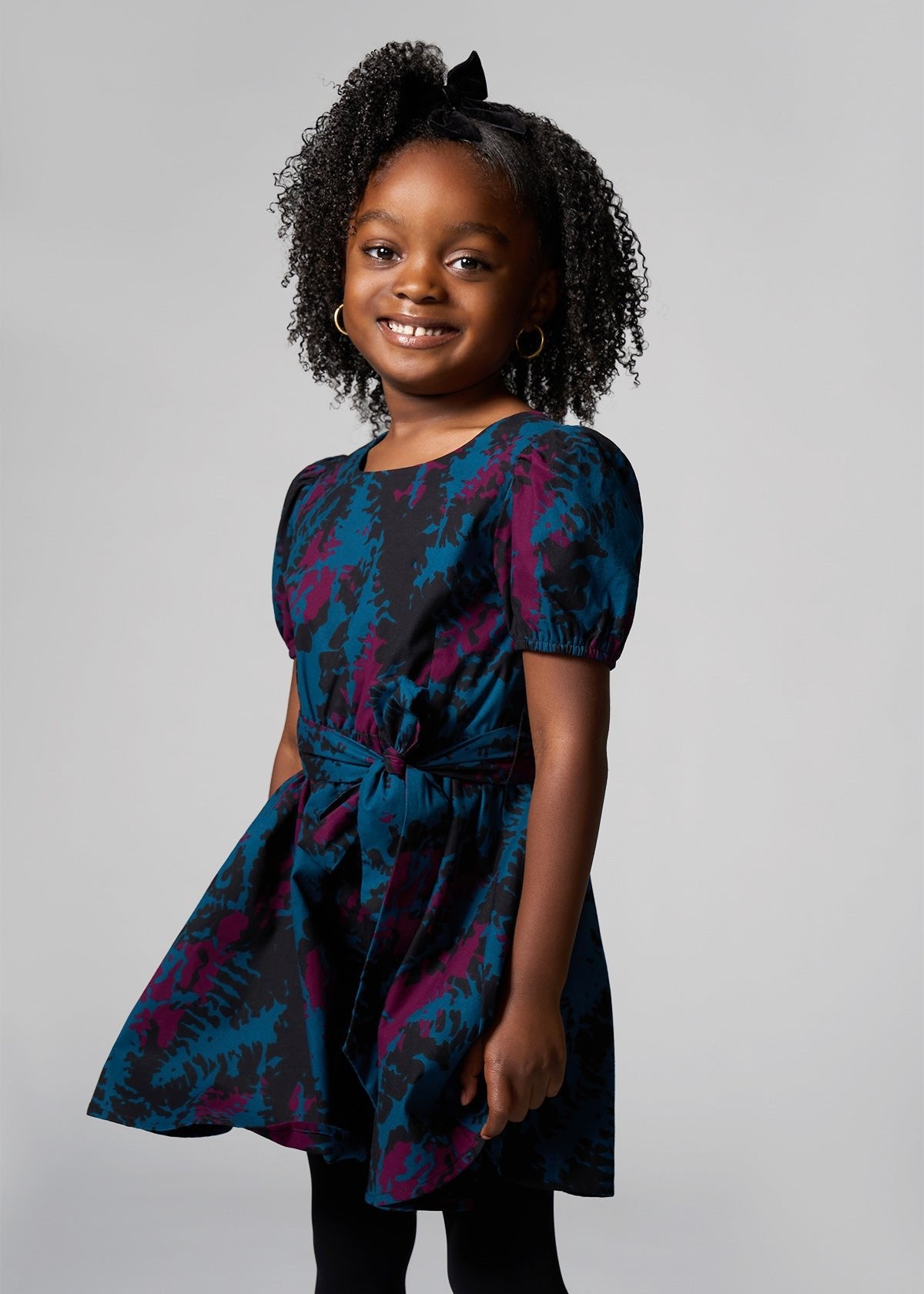 Akua Girl's African Print Dress (Midnight Teal Abstract) - D'IYANU