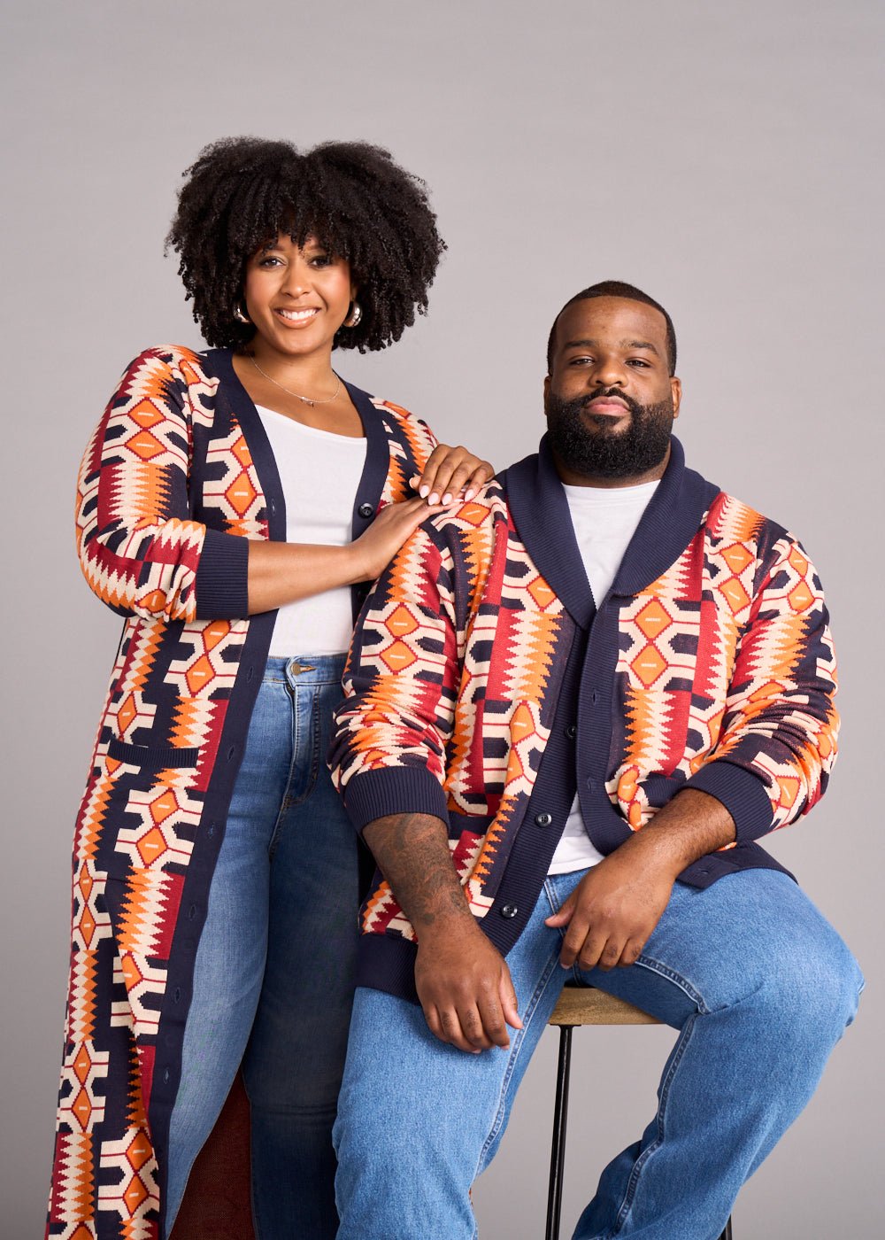 Aren African Print Button-Up Cardigan Sweater (Cream Orange Kente) - D'IYANU