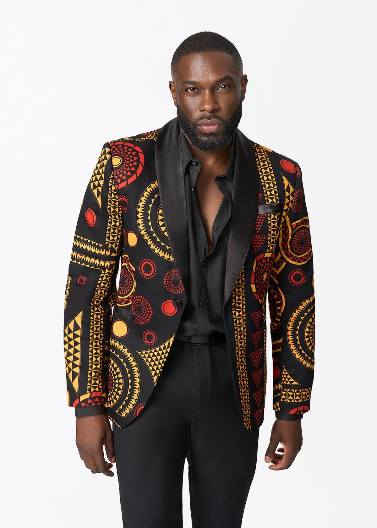Aadan Men's African Print Blazer (Black Spice Medallion) - D'IYANU