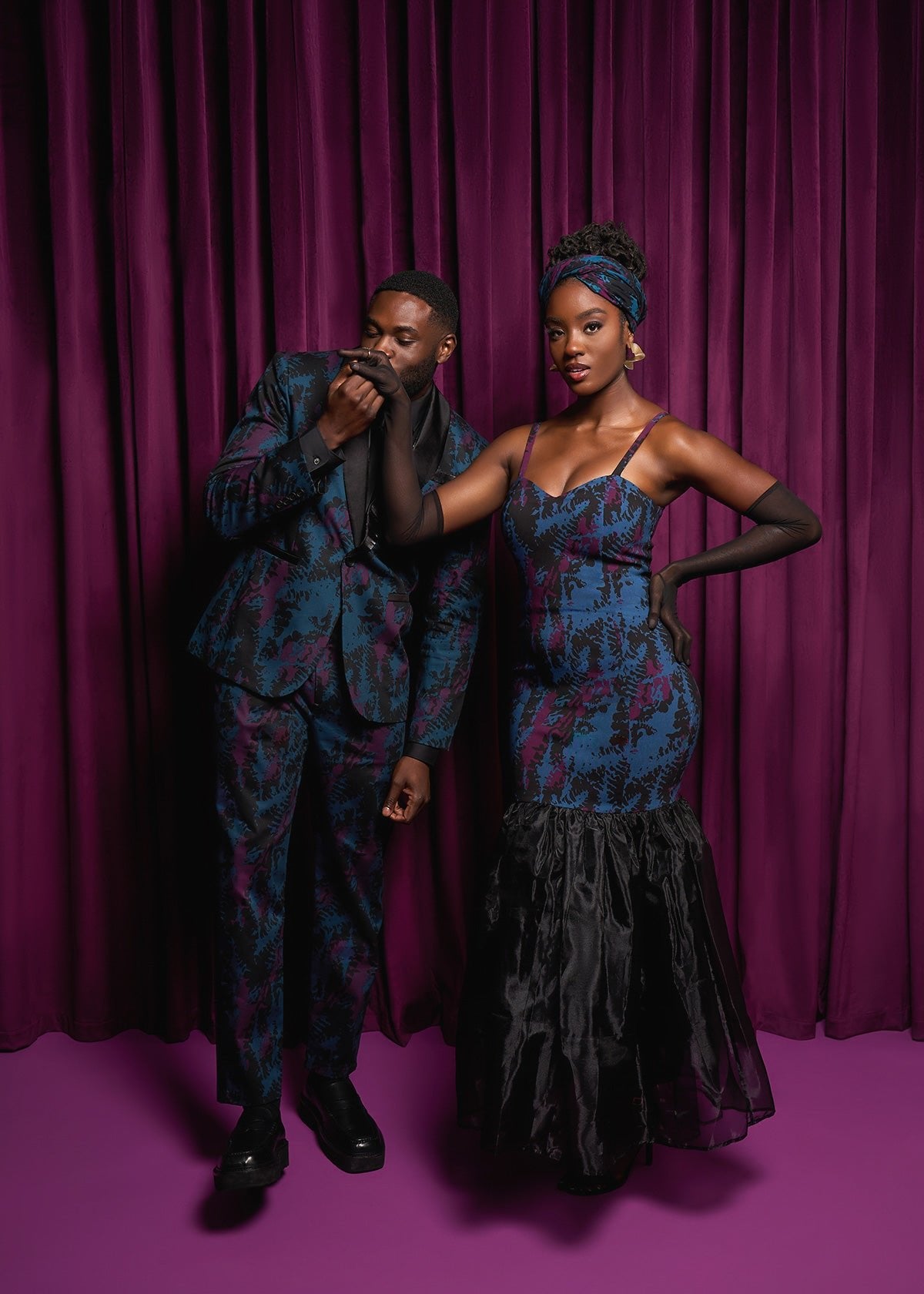 Hassia Women's African Print Stretch Dress with Tulle (Midnight Teal Abstract) - Clearance - D'IYANU