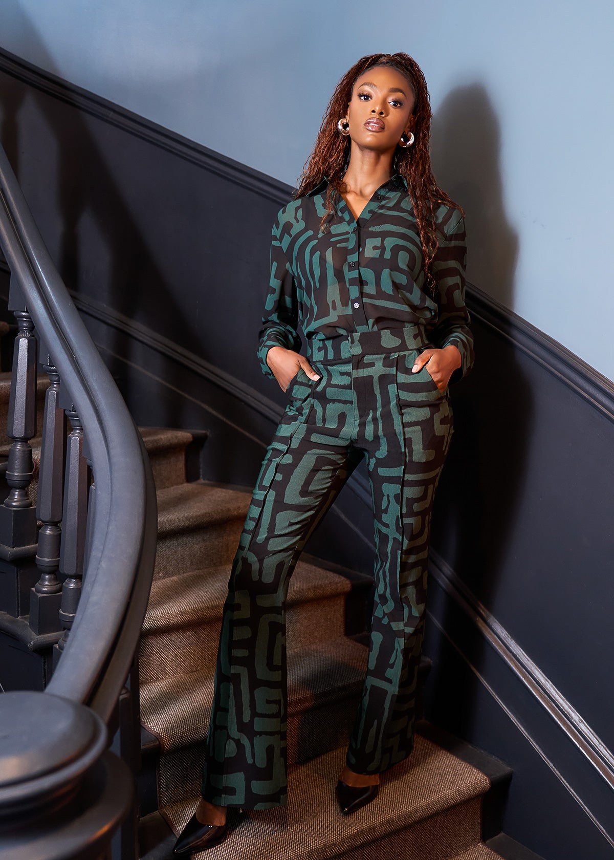 Abebe Women's African Print Stretch Wide Leg Pants (Black Malachite Geometric) - D'IYANU