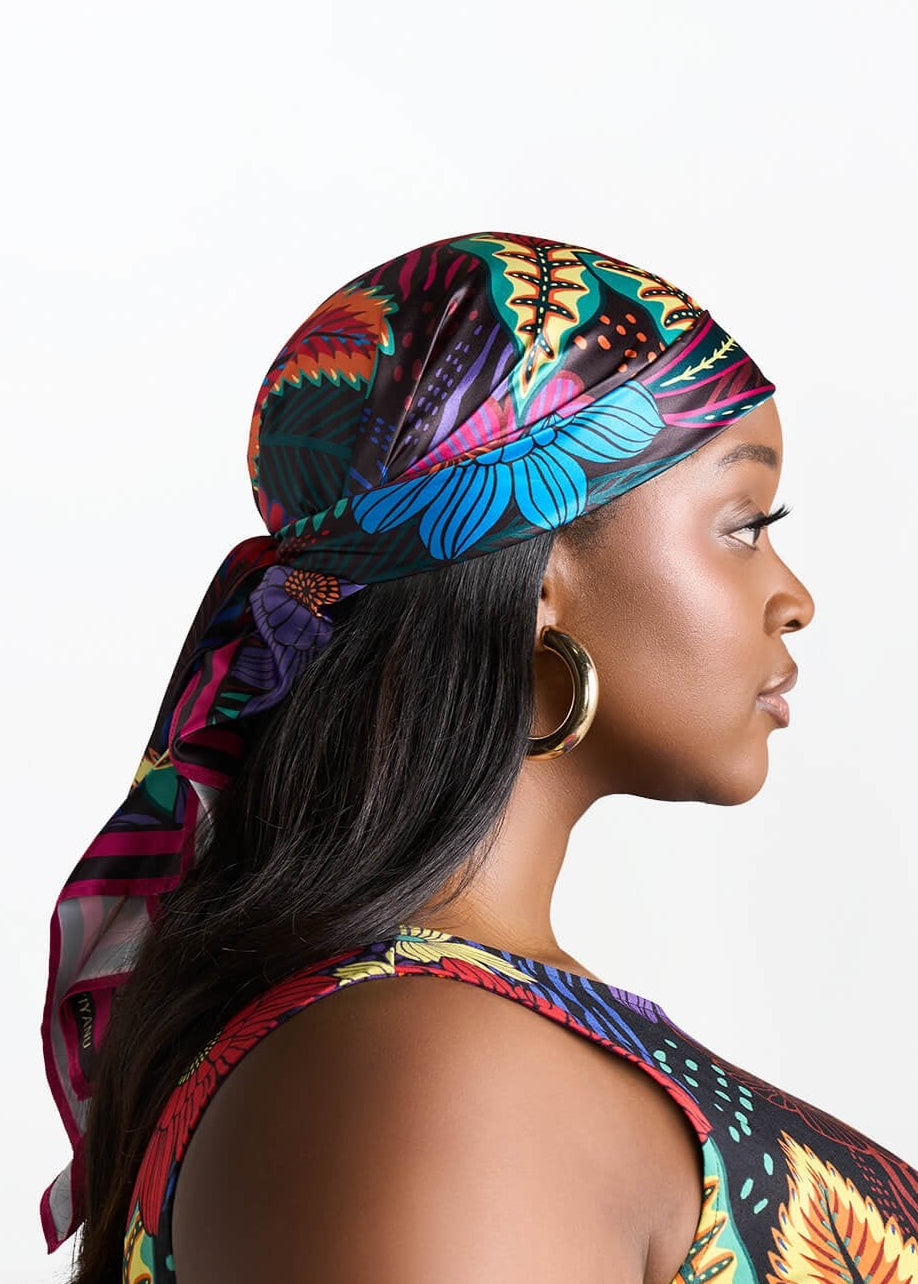 Abeni Women's African Print Scarf (Black Tropical Floral) - D'IYANU