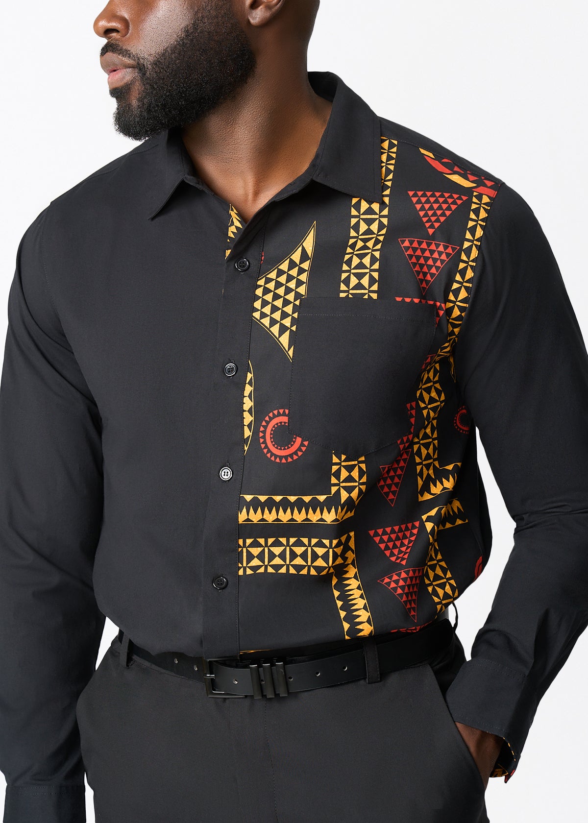Abiade African Print Color-Blocked Button-up Shirt (Black Spice Medallion) - D'IYANU