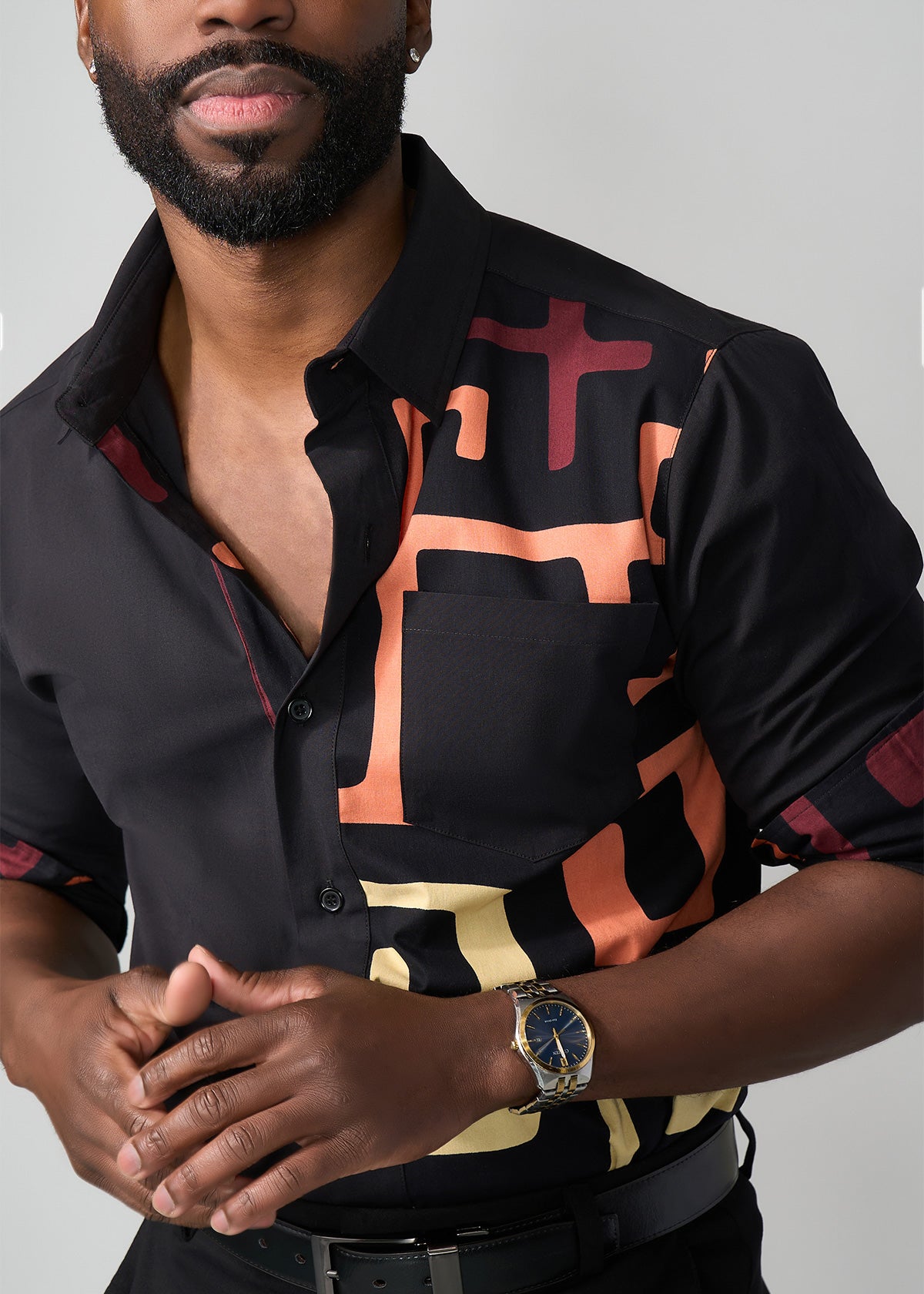 Abiade Men's African Print Button-Up Shirt (Neutral Kuba Geometric) - D'IYANU