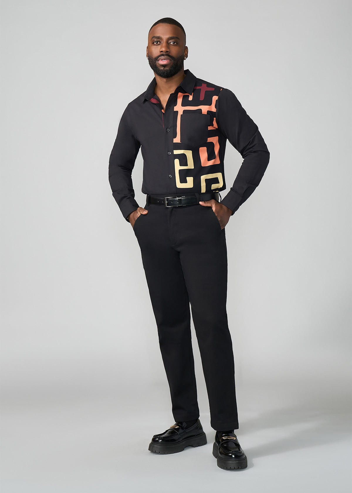 Abiade Men's African Print Button-Up Shirt (Neutral Kuba Geometric) - D'IYANU