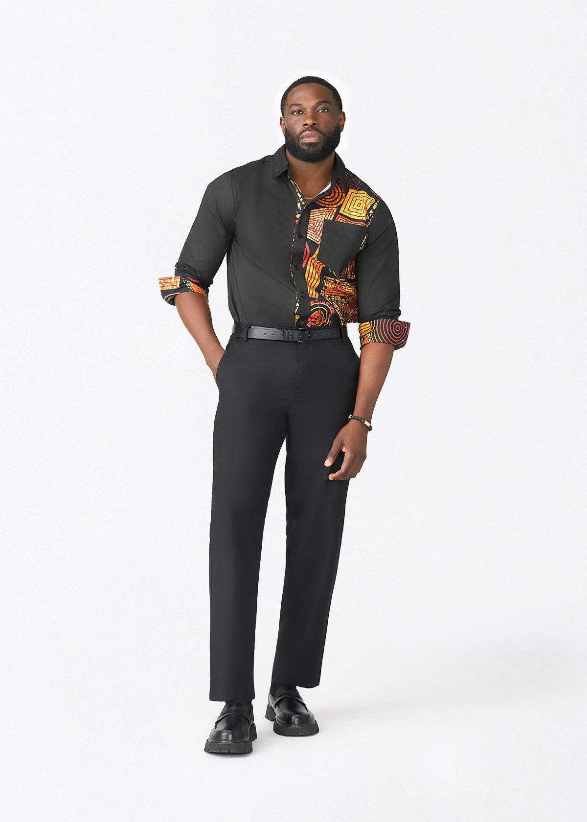 Abiade Men's African Print Button Up (Black Cinnamon Tribal) - D'IYANU