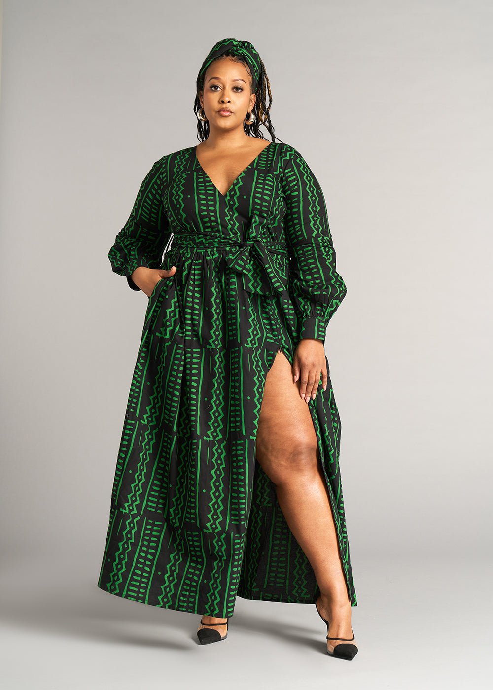 Abiba Women's African Print Maxi Dress (Moss Black Tribal) - Clearance - D'IYANU