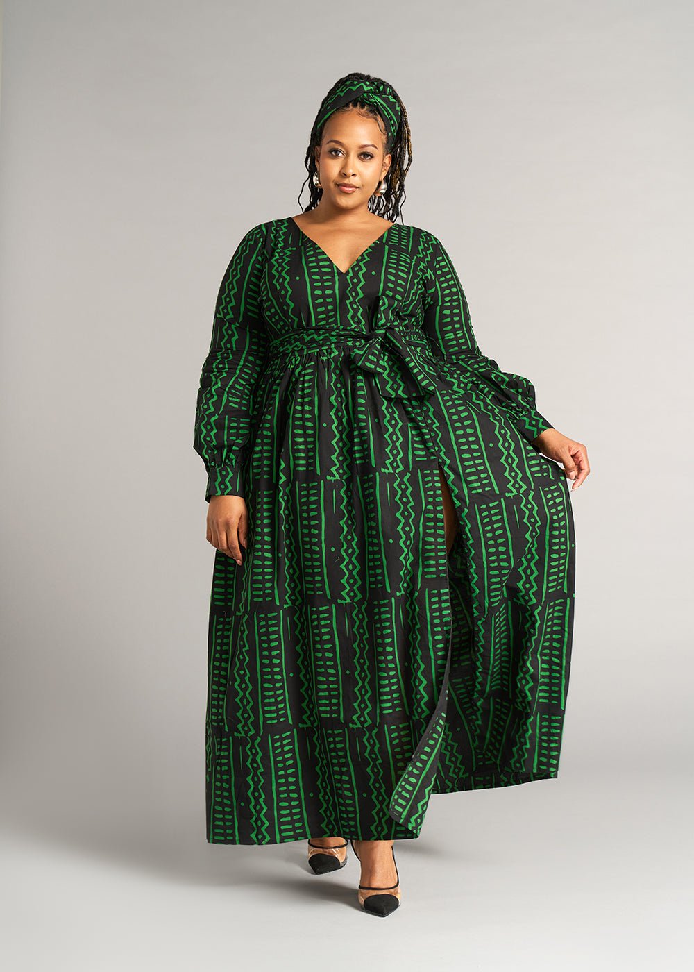 Abiba Women's African Print Maxi Dress (Moss Black Tribal) - Clearance - D'IYANU