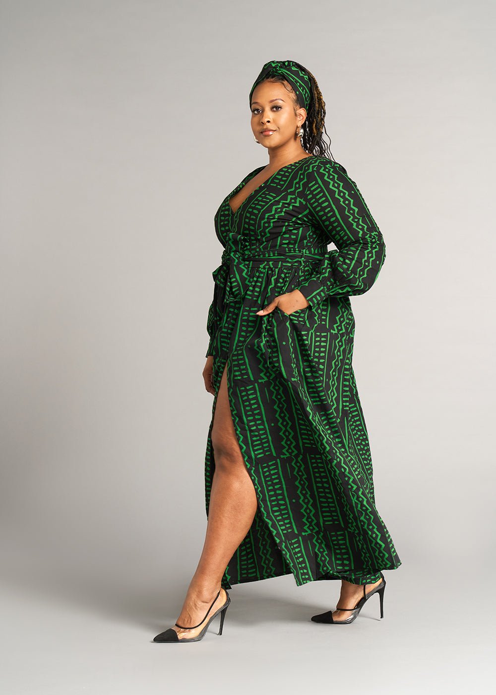 Abiba Women's African Print Maxi Dress (Moss Black Tribal) - Clearance - D'IYANU