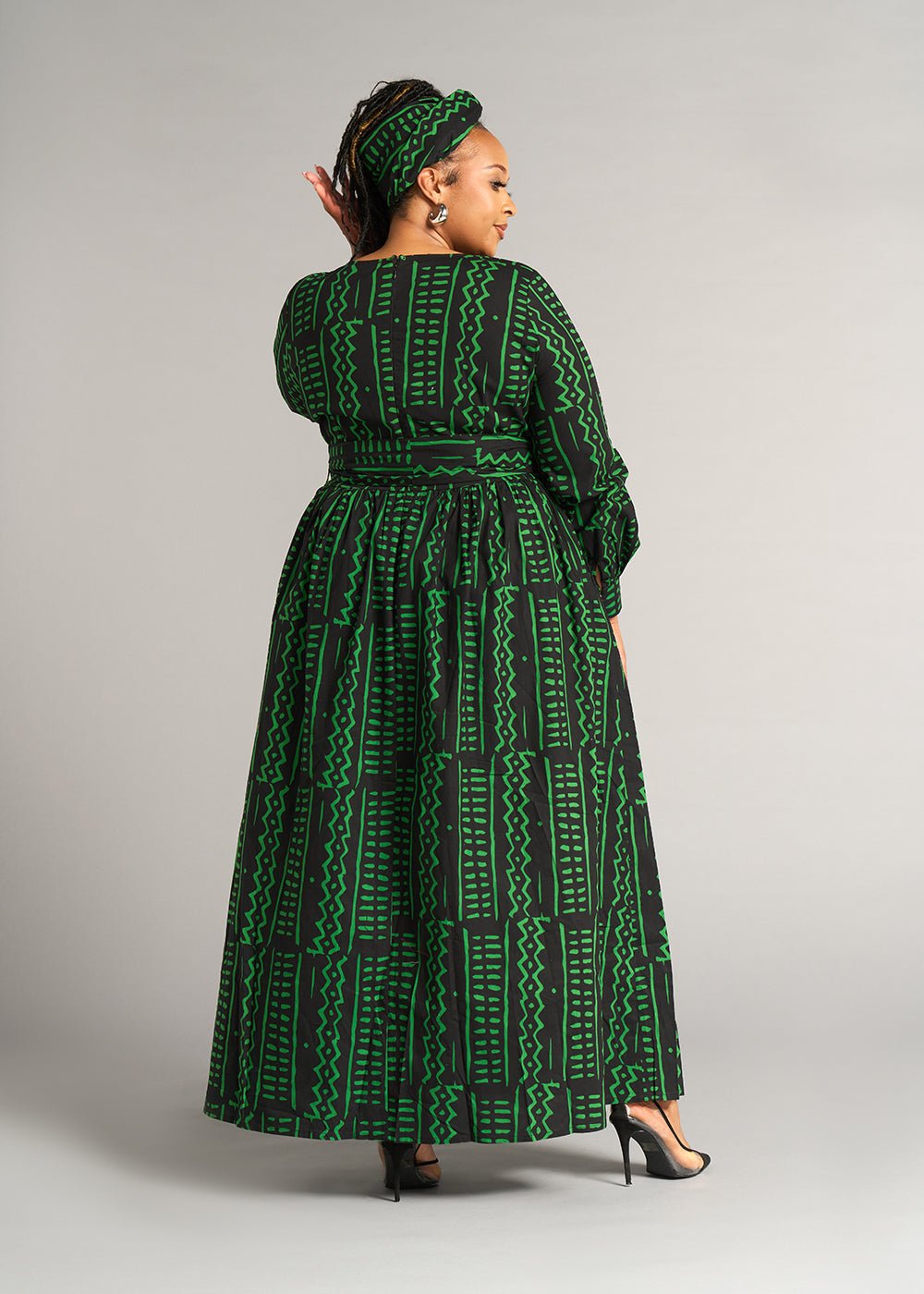 Abiba Women's African Print Maxi Dress (Moss Black Tribal) - Clearance - D'IYANU