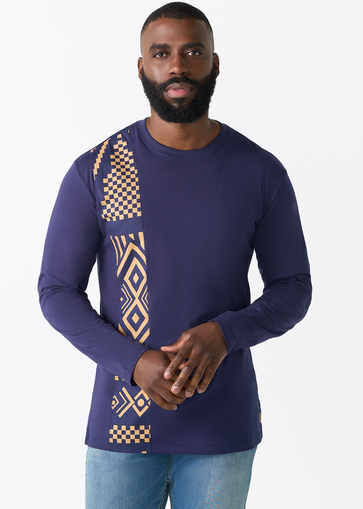 Addo Men's African Print Applique T-Shirt (Navy Tan Tribal) - D'IYANU