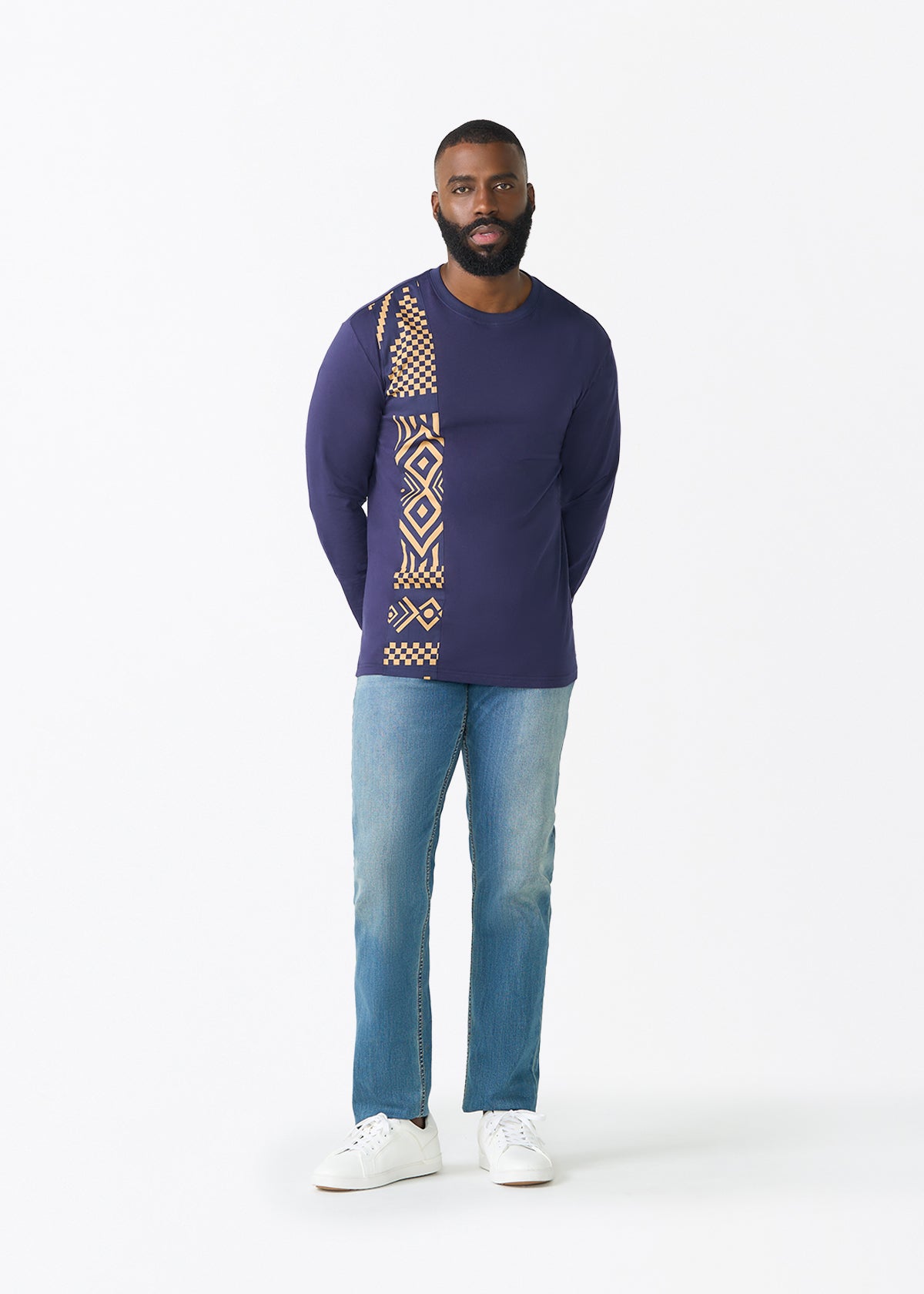 Addo Men's African Print Applique T-Shirt (Navy Tan Tribal) - D'IYANU