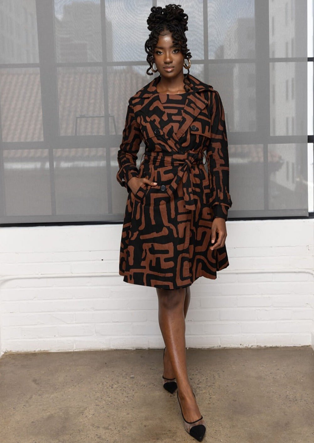 Adesina Women's African Print Utility Trench Coat (Espresso Geometric) - D'IYANU