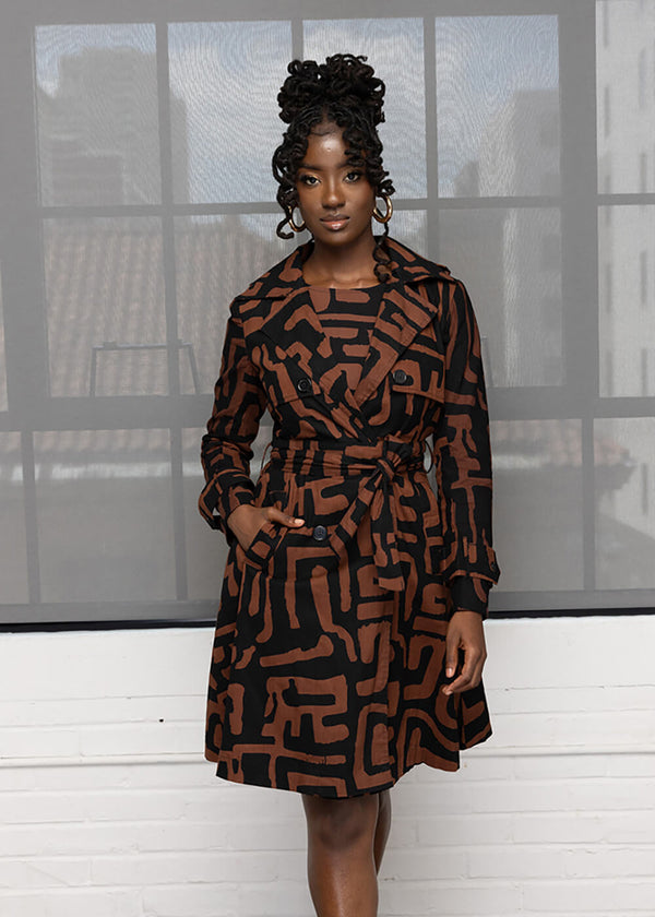 Adesina Women's African Print Utility Trench Coat (Espresso Geometric)