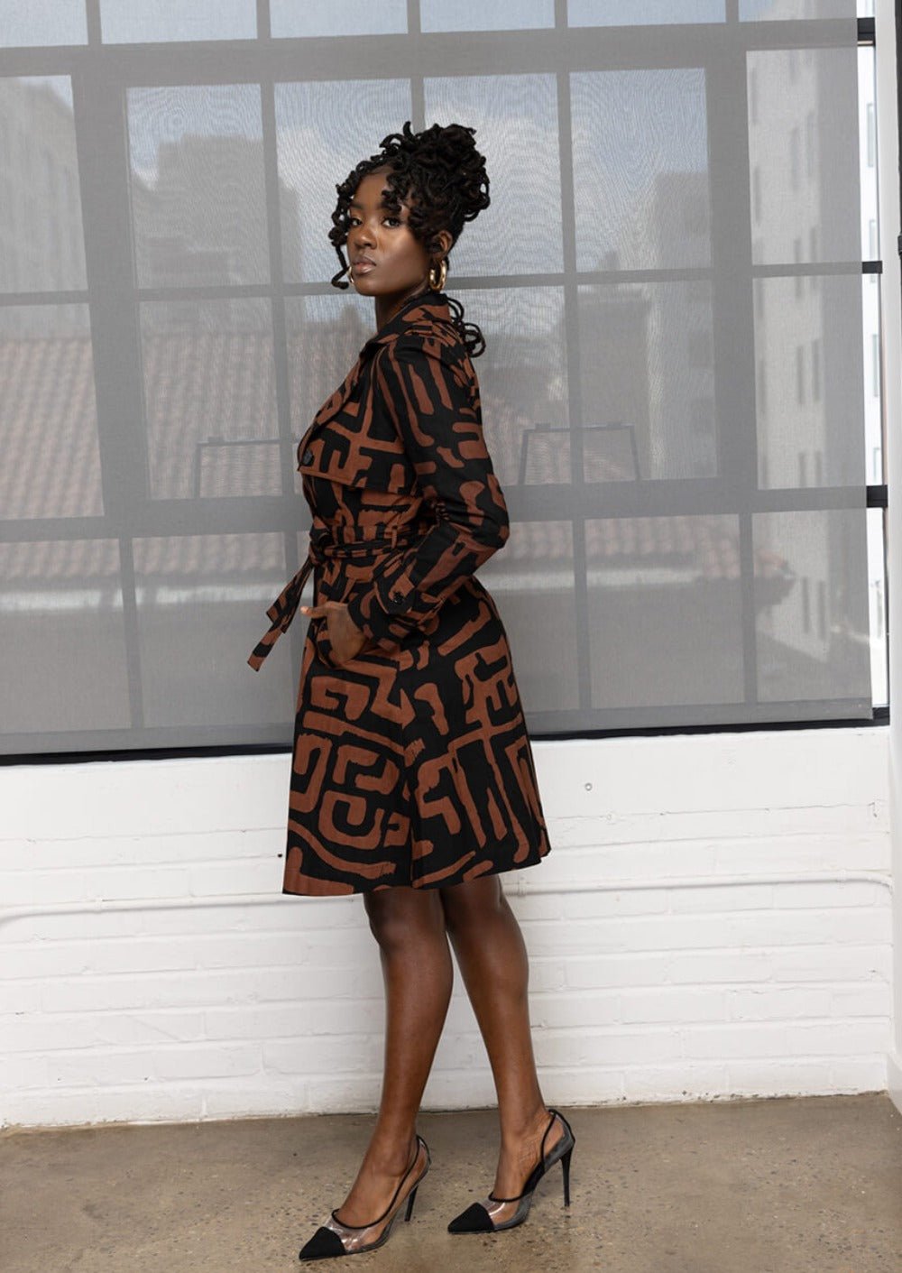 Adesina Women's African Print Utility Trench Coat (Espresso Geometric) - D'IYANU