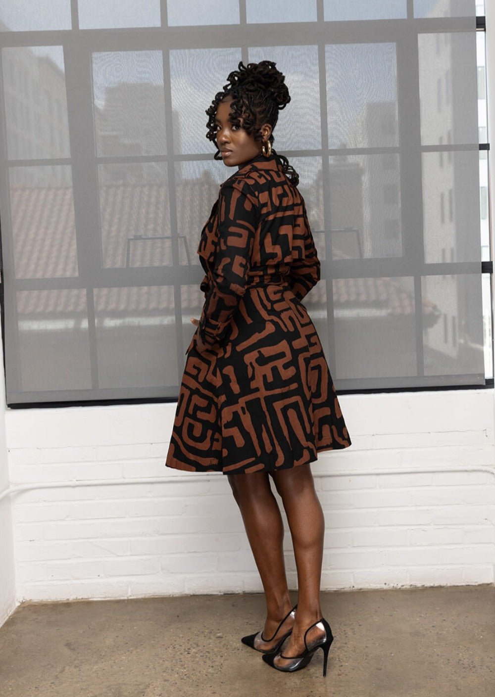Adesina Women's African Print Utility Trench Coat (Espresso Geometric) - D'IYANU