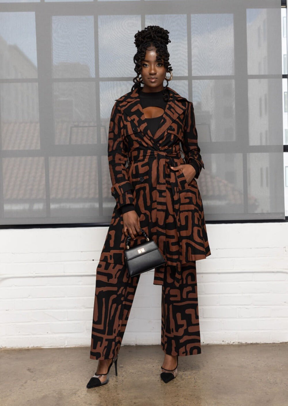 Adesina Women's African Print Utility Trench Coat (Espresso Geometric) - D'IYANU