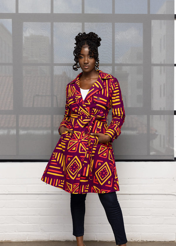 Adesina Women's African Print Utility Trench Coat (Plum Gold Tribal) - Clearance