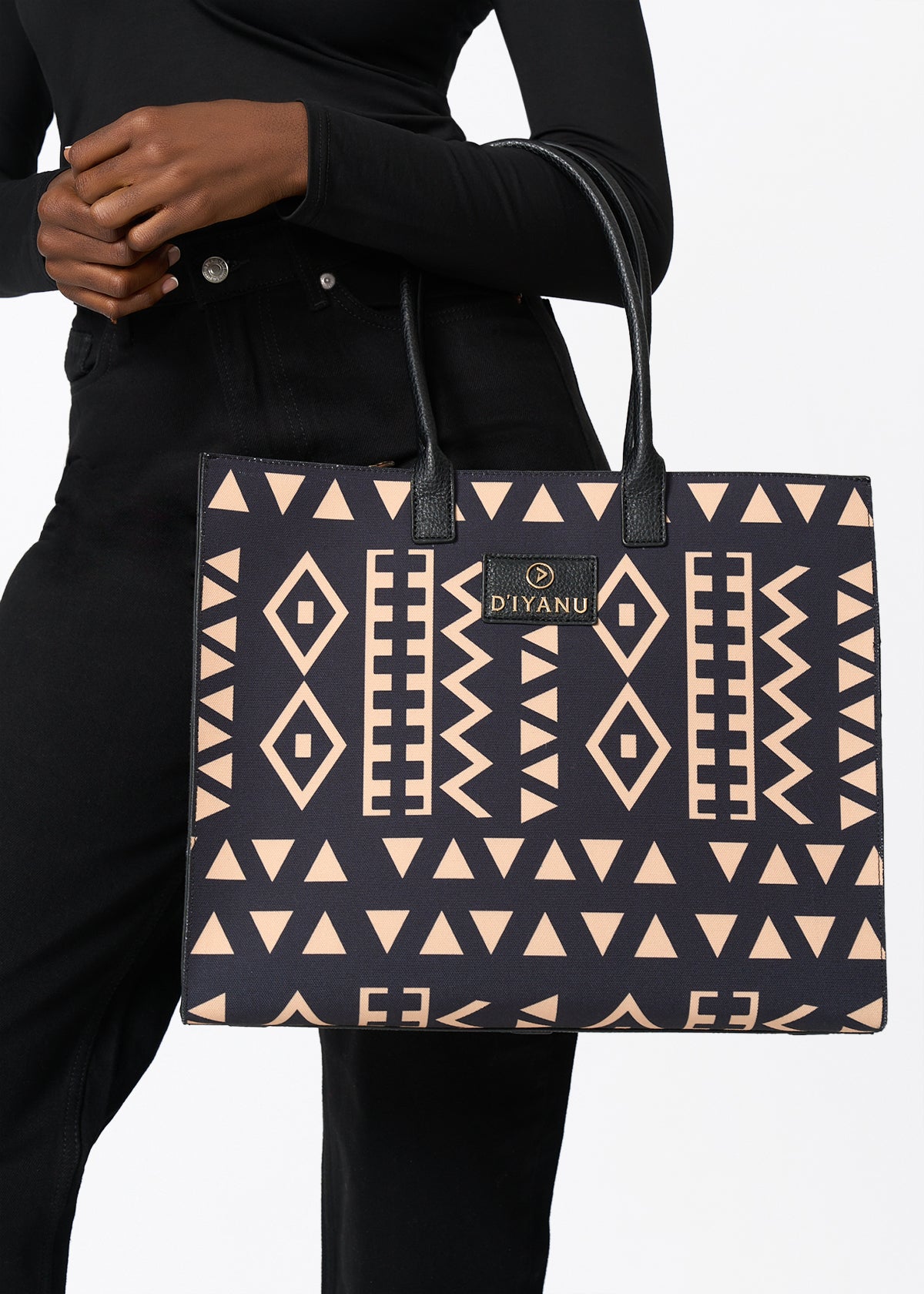 Aina Women's African Print Tote Bag (Tan Black Tribal) - D'IYANU