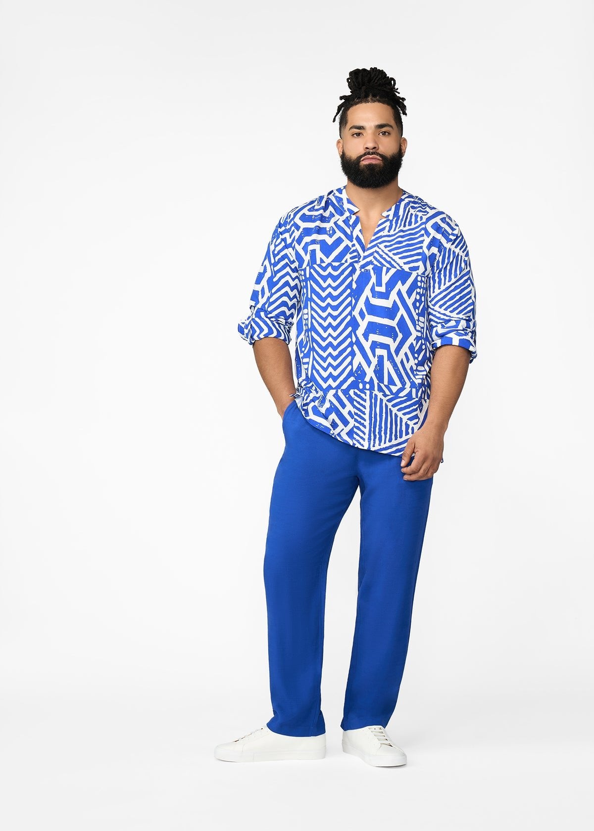 Ajisomo Men's African Print Tunic (White Cobalt Tribal) - D'IYANU