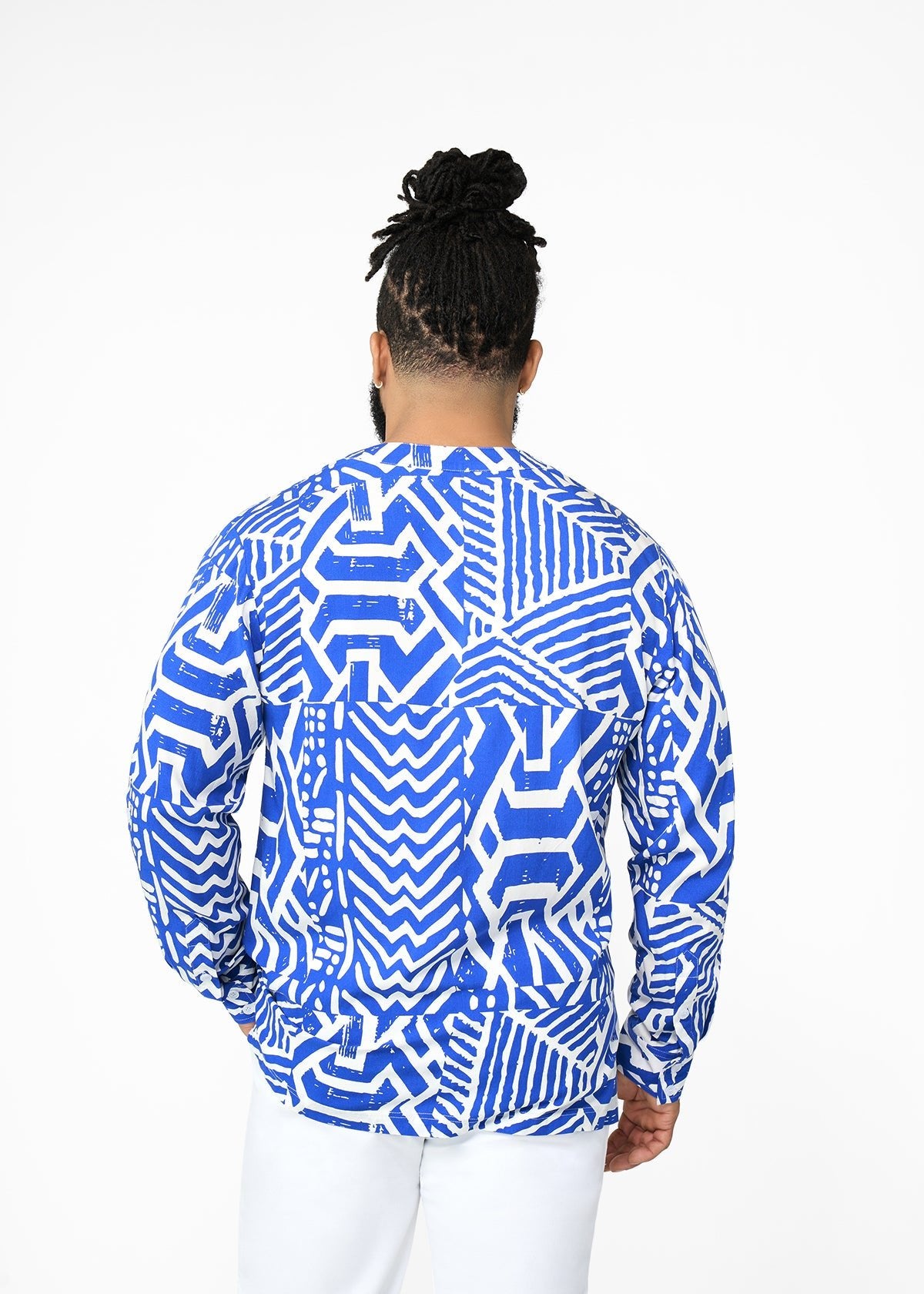 Ajisomo Men's African Print Tunic (White Cobalt Tribal) - D'IYANU
