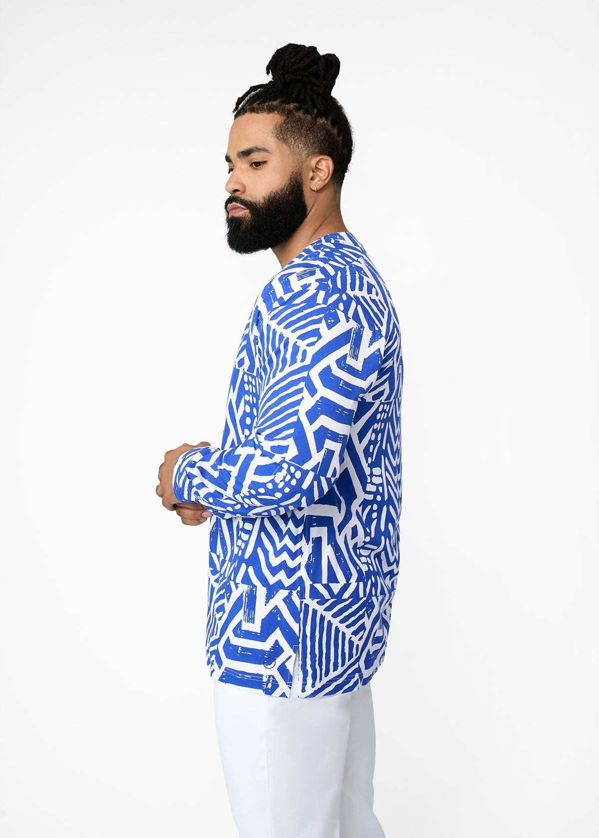 Ajisomo Men's African Print Tunic (White Cobalt Tribal) - D'IYANU