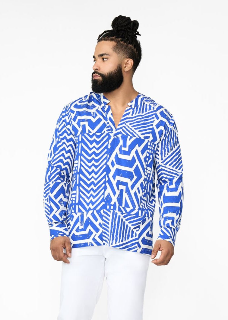 Ajisomo Men's African Print Tunic (White Cobalt Tribal) - D'IYANU