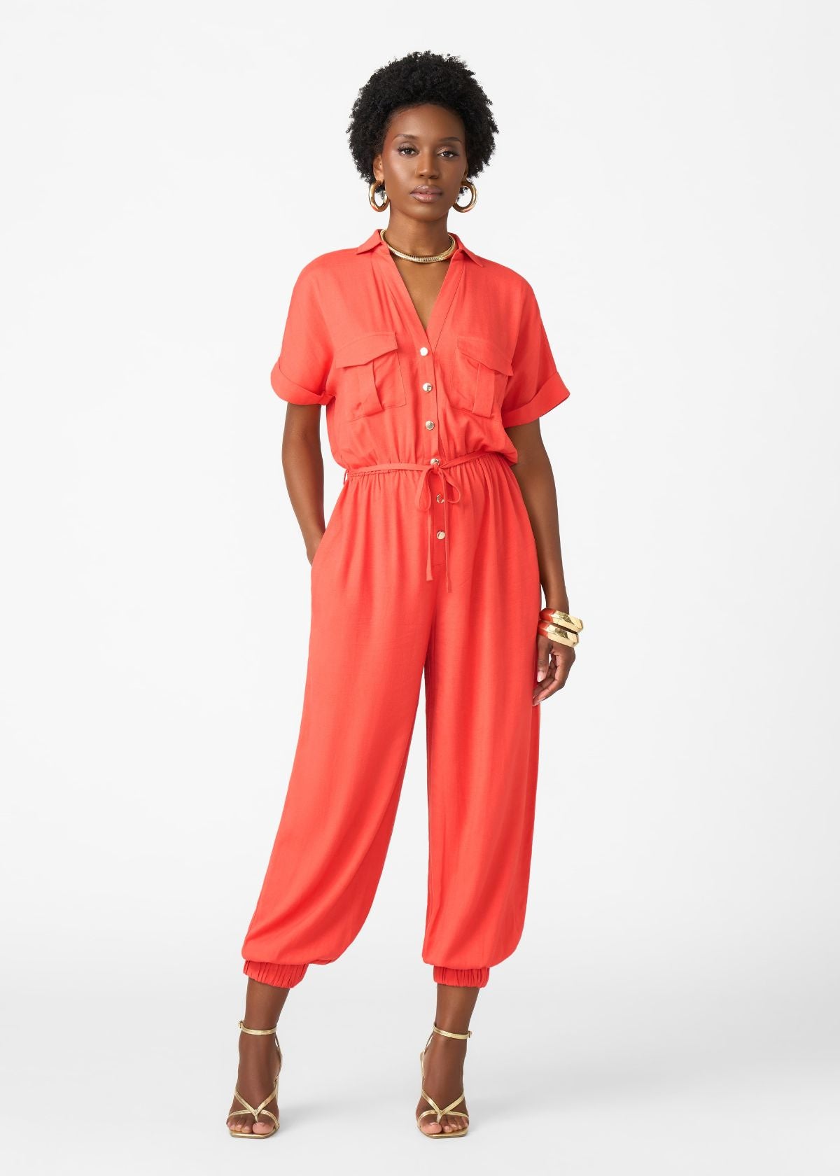 Alheri Women’s African Linen Blend Button Front Jumpsuit (Coral Red) - D'IYANU