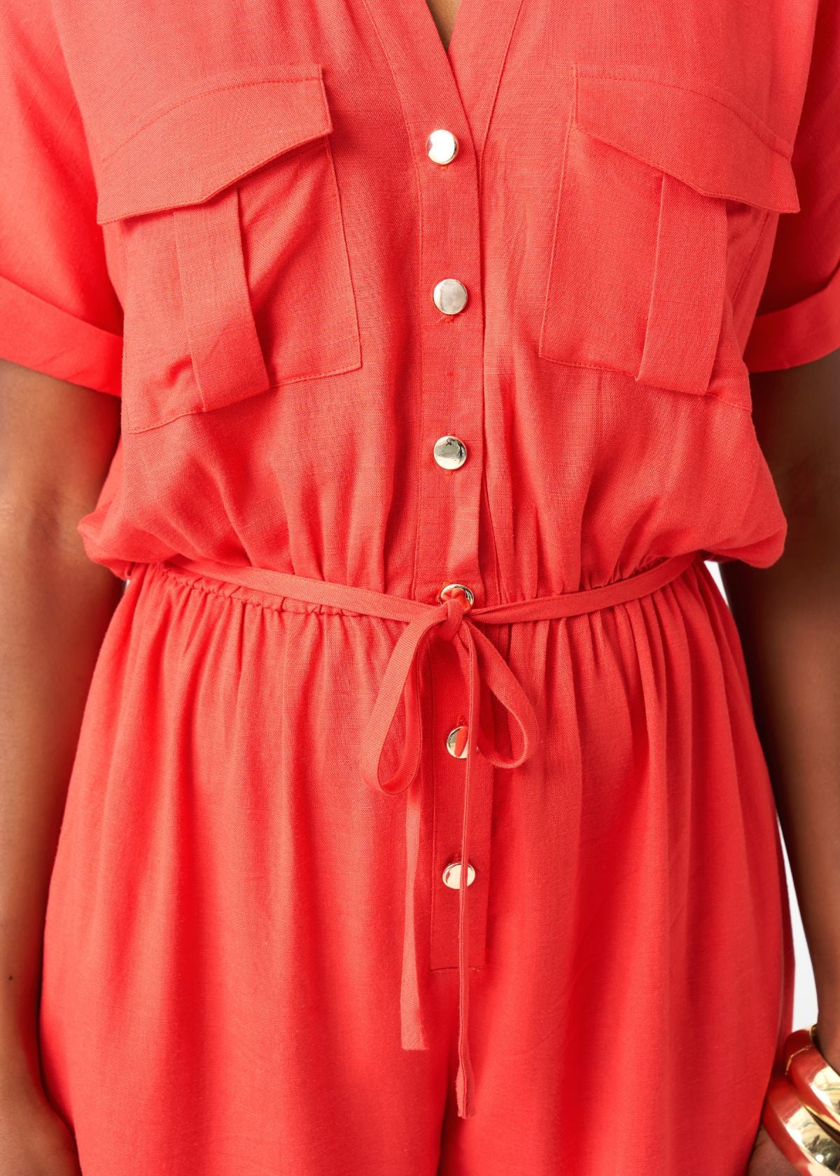 Alheri Women’s African Linen Blend Button Front Jumpsuit (Coral Red) - D'IYANU