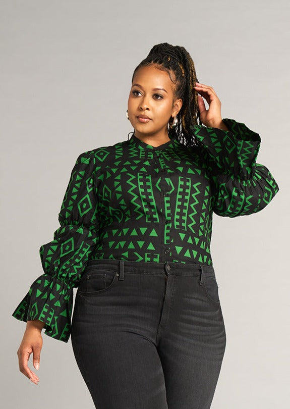 Amari Women's African Print Button-Up Top (Moss Black Geometric)