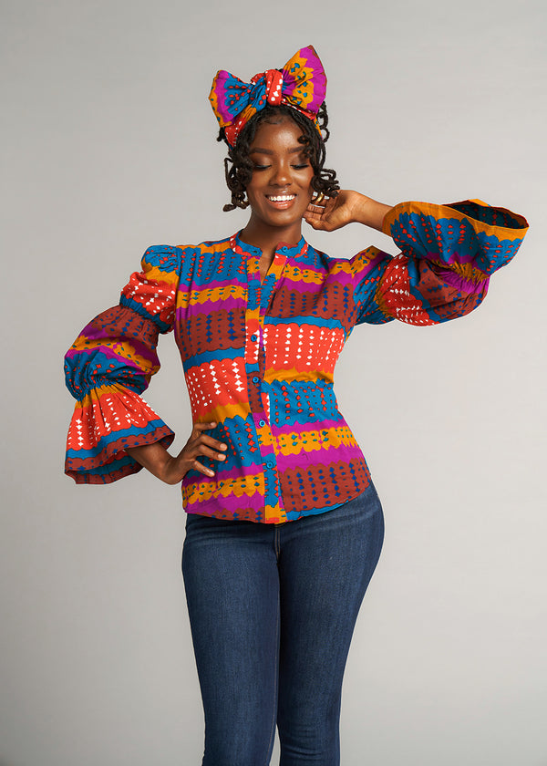 Amari Women's African Print Button-Up Top (Orange Teal Adire)