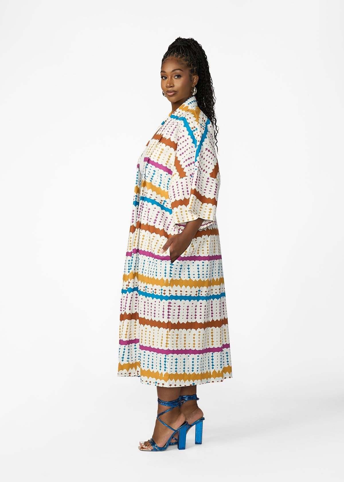 Amina Women's African Print Kimono (White Nautical Adire) - D'IYANU