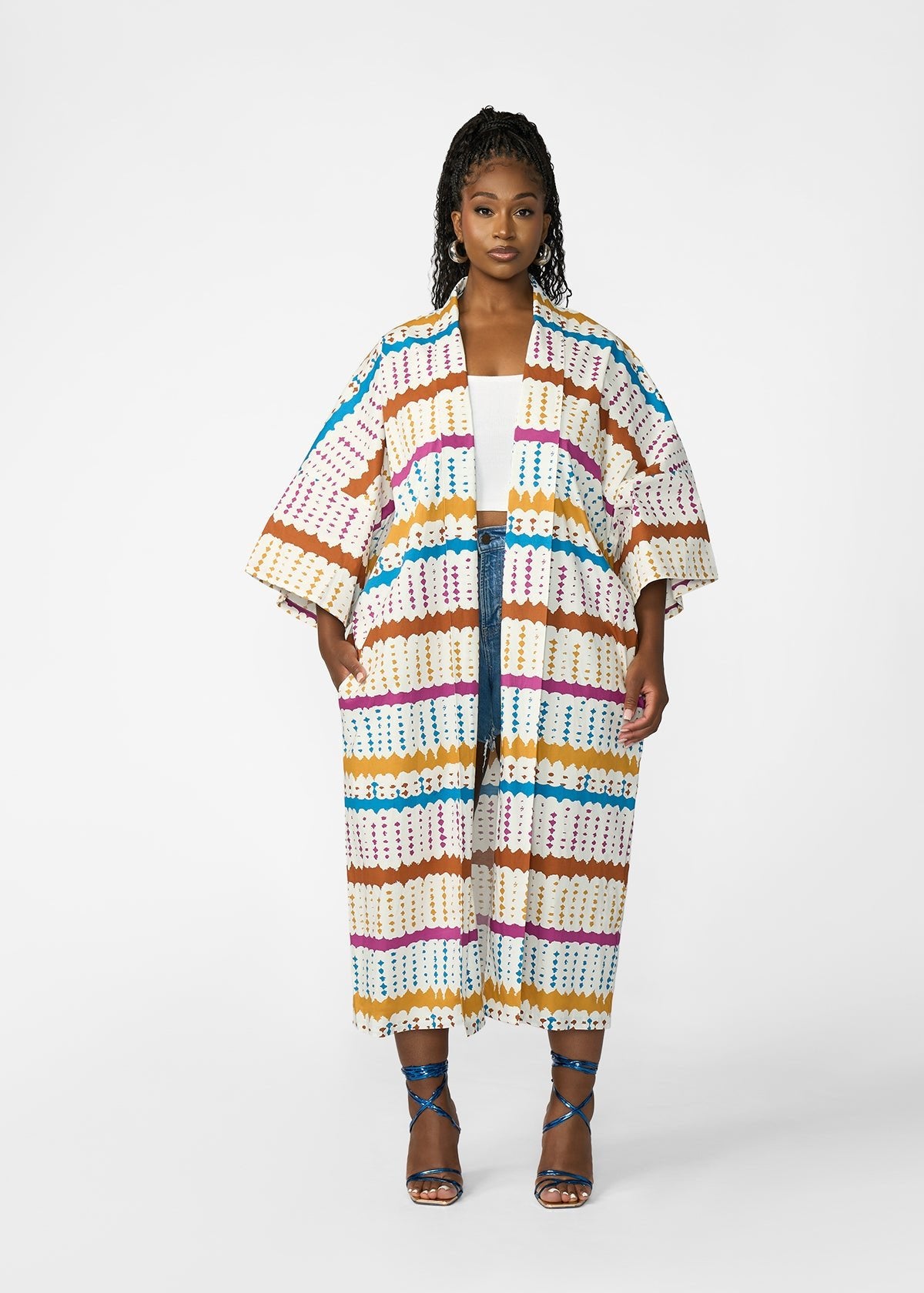 Amina Women's African Print Kimono (White Nautical Adire) - D'IYANU