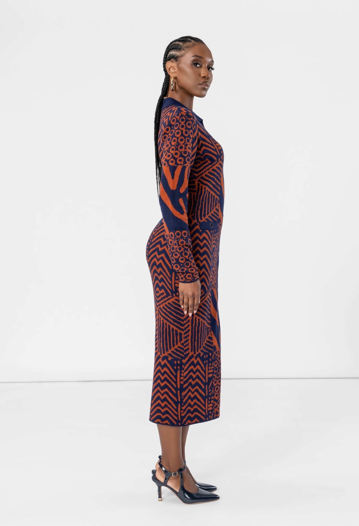 Anele Women's African Print Button-Up Sweater Dress (Rust Navy Multipattern) - D'IYANU