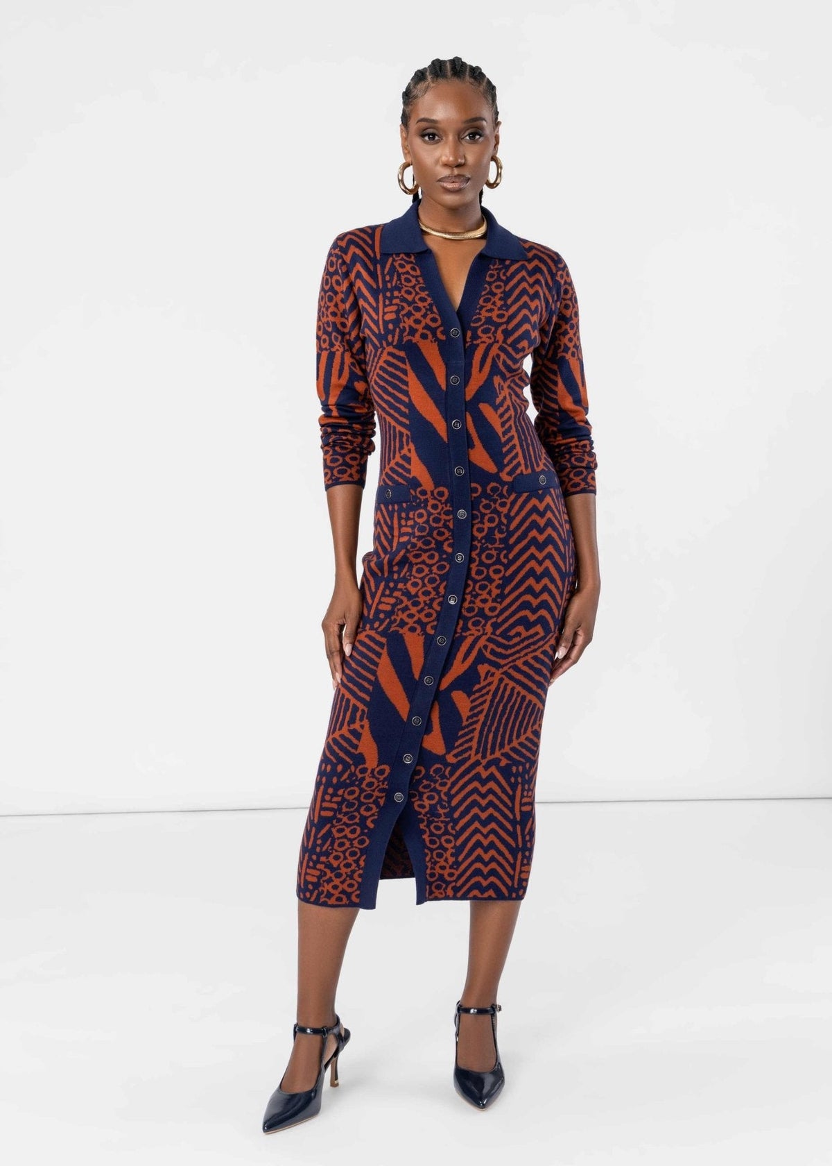 Anele Women's African Print Button-Up Sweater Dress (Rust Navy Multipattern) - D'IYANU