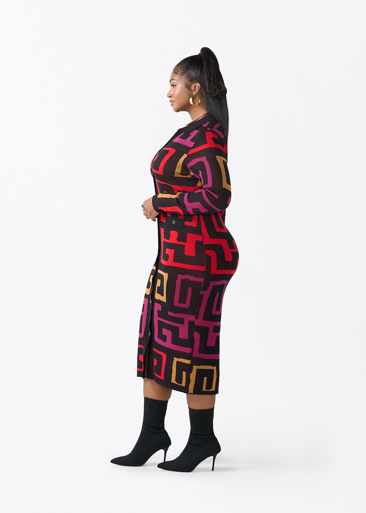 Anele Women's African Print Button-Up Sweater Dress (Black Berry Kuba) - D'IYANU