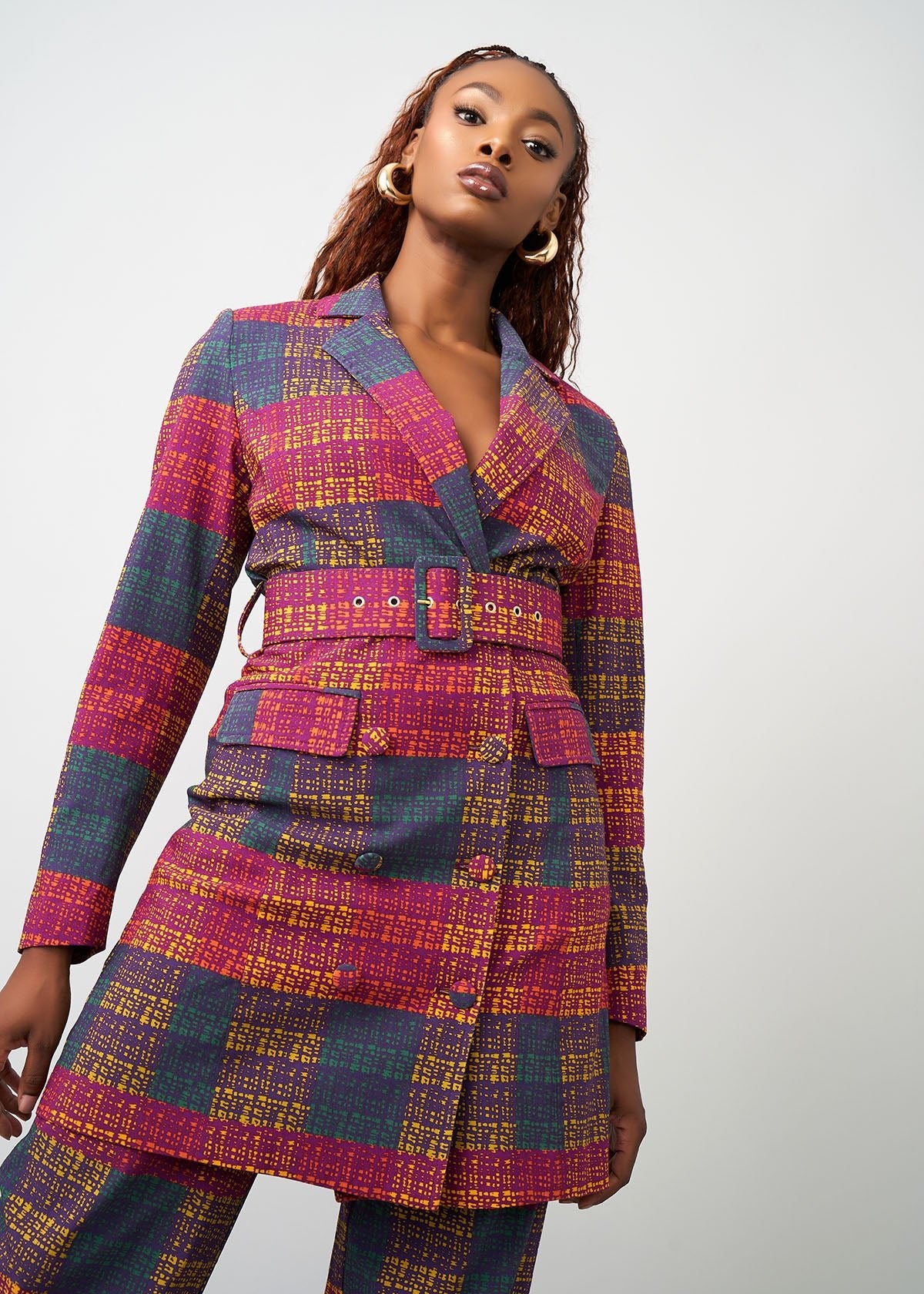 Aniq Women's African Print Stretch Blazer Dress (Harvest Plaid Adire) - Clearance - D'IYANU
