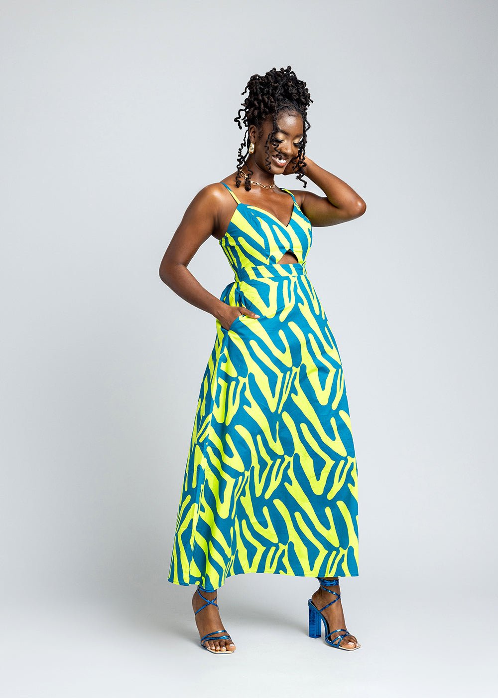 Anjiola Women's African Print Maxi Dress (Lime Zebra Abstract) - D'IYANU